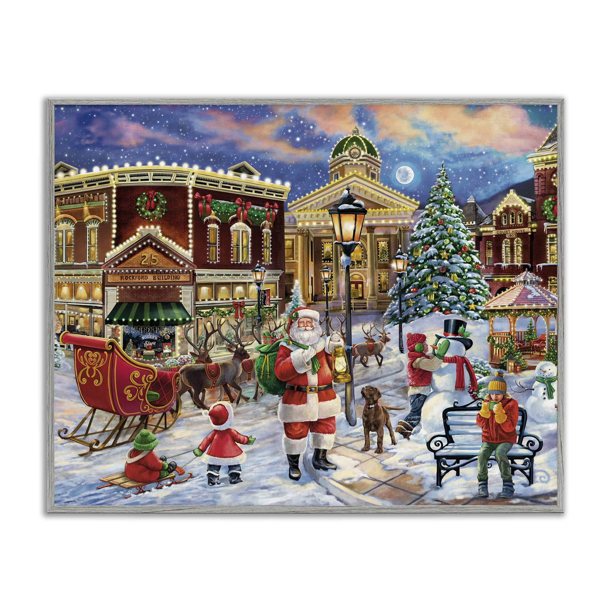 Stupell Industries Santa in Town Square Holiday Painting Gray Framed Art Print Wall Art, 20 x 16