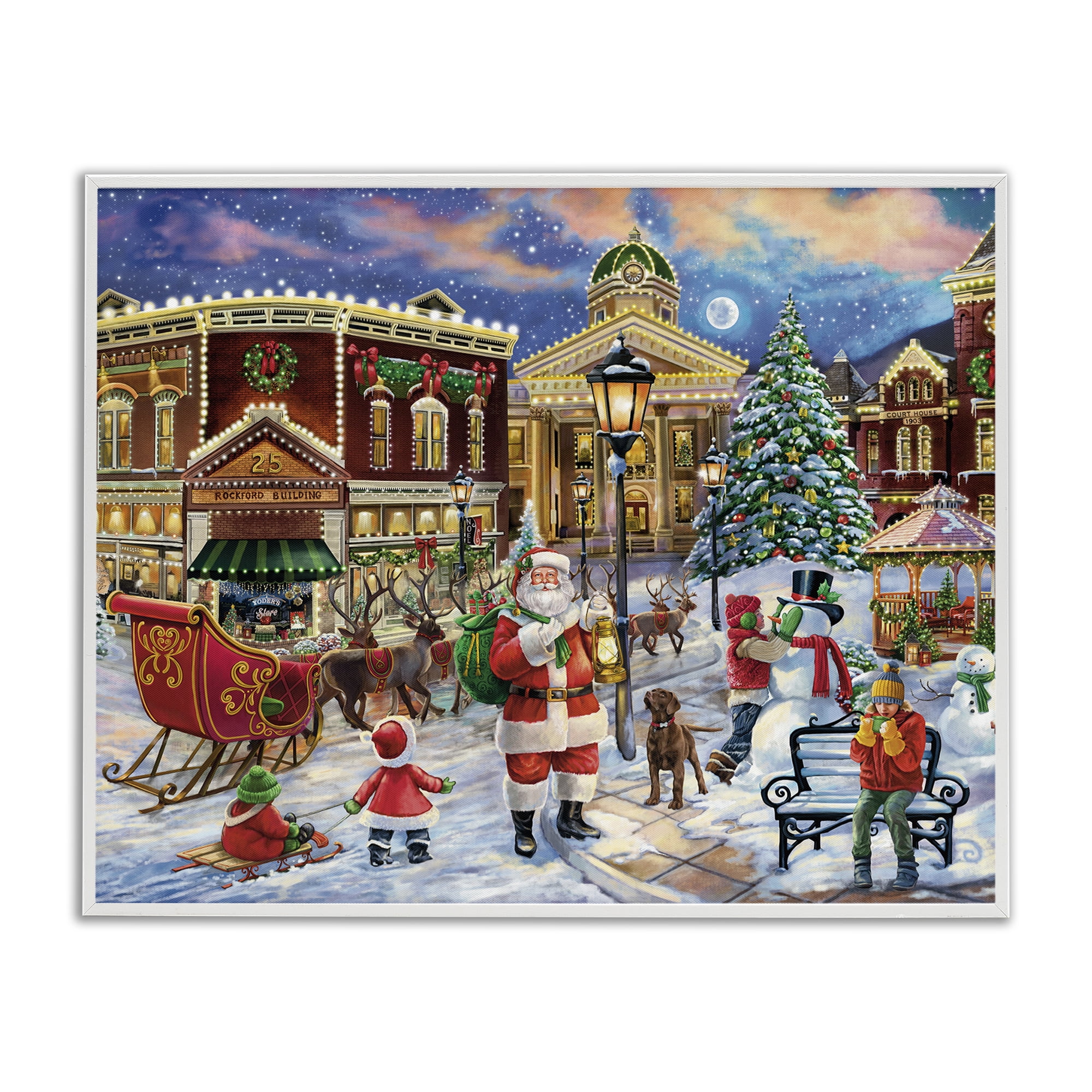 Stupell Industries Santa in Town Square Holiday Painting White Framed Art Print Wall Art, 30 x 24