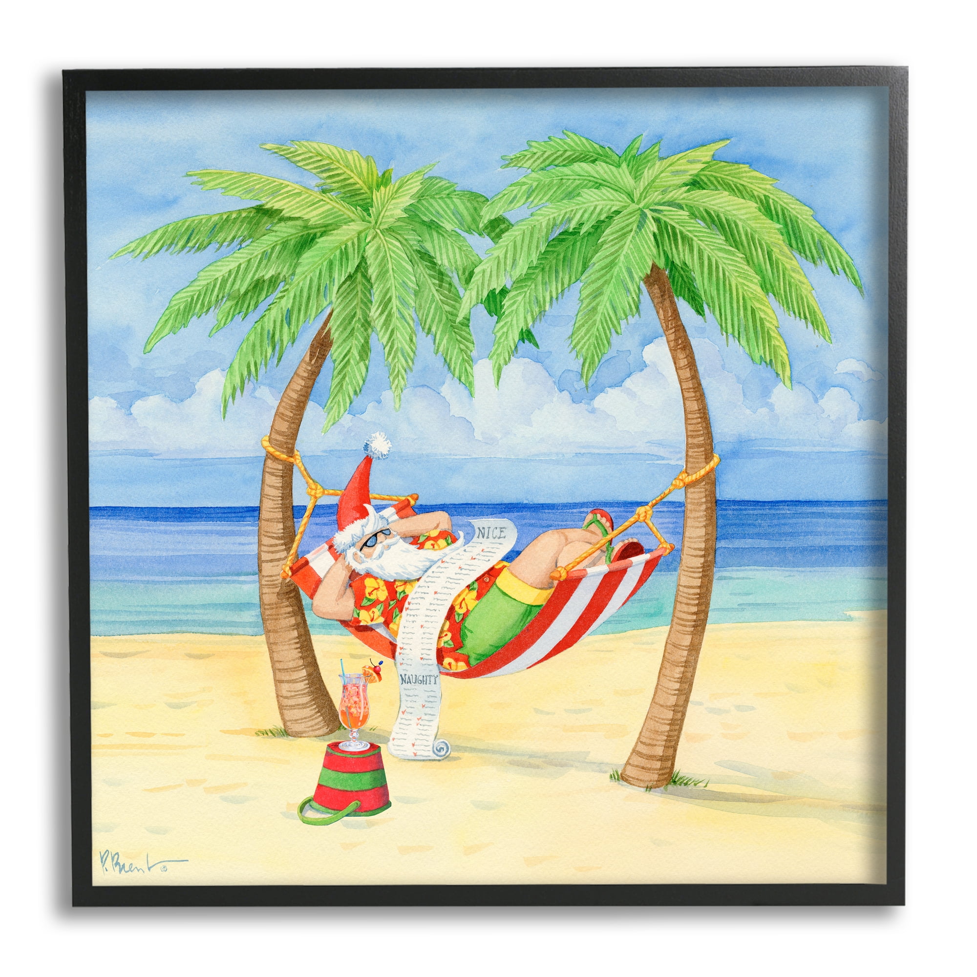 Stupell Industries Santa on Beach Hammock Holiday Painting Black Framed Art Print Wall Art, 12 x 12