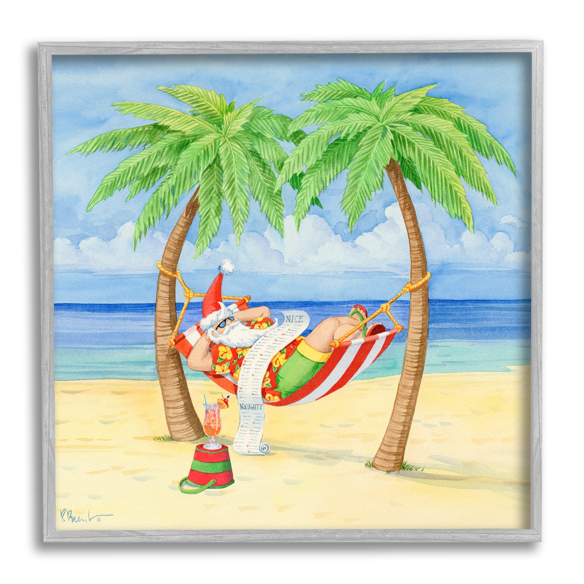 Stupell Industries Santa on Beach Hammock Holiday Painting Gray Framed Art Print Wall Art, 24 x 24
