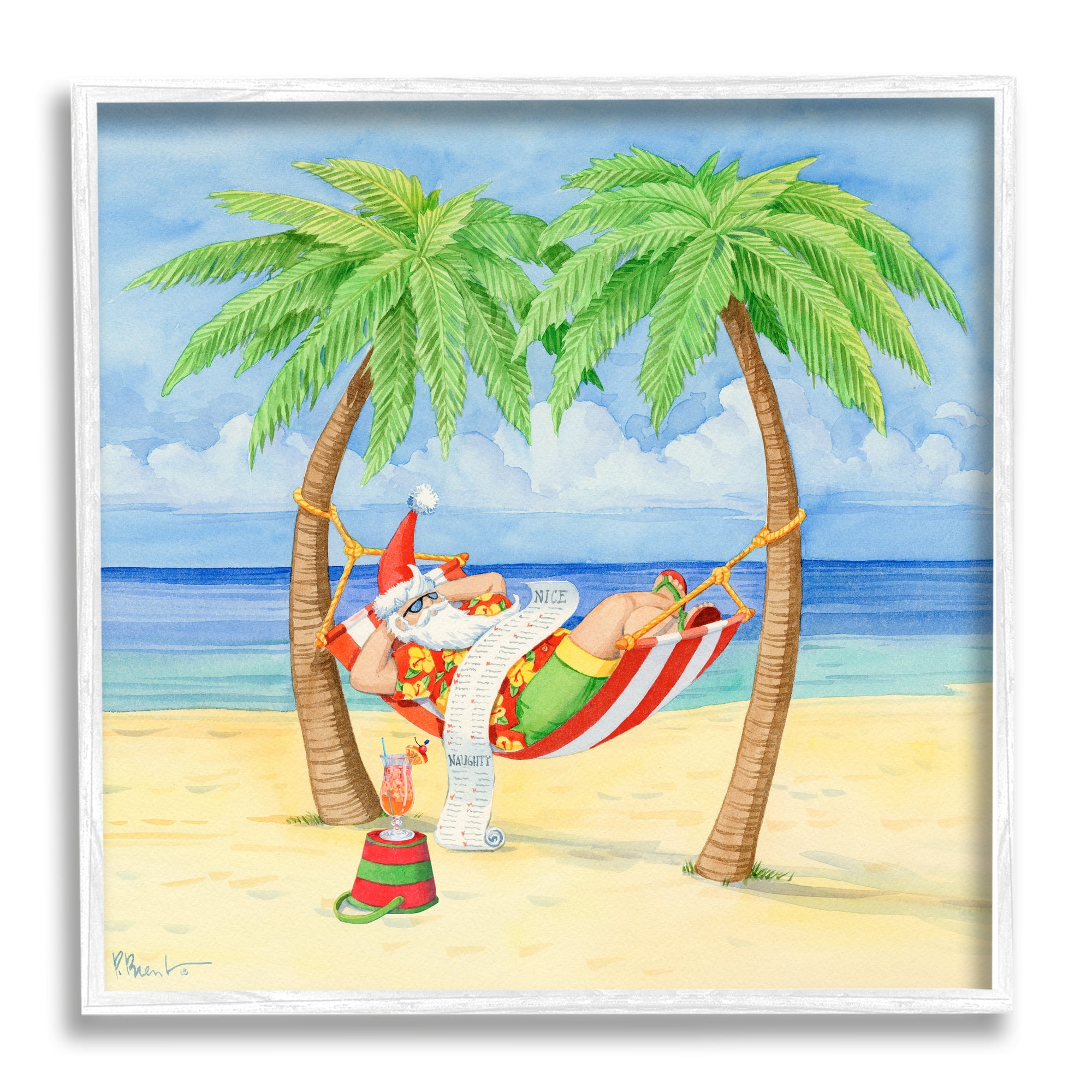 Stupell Industries Santa on Beach Hammock Holiday Painting White Framed Art Print Wall Art, 17 x 17
