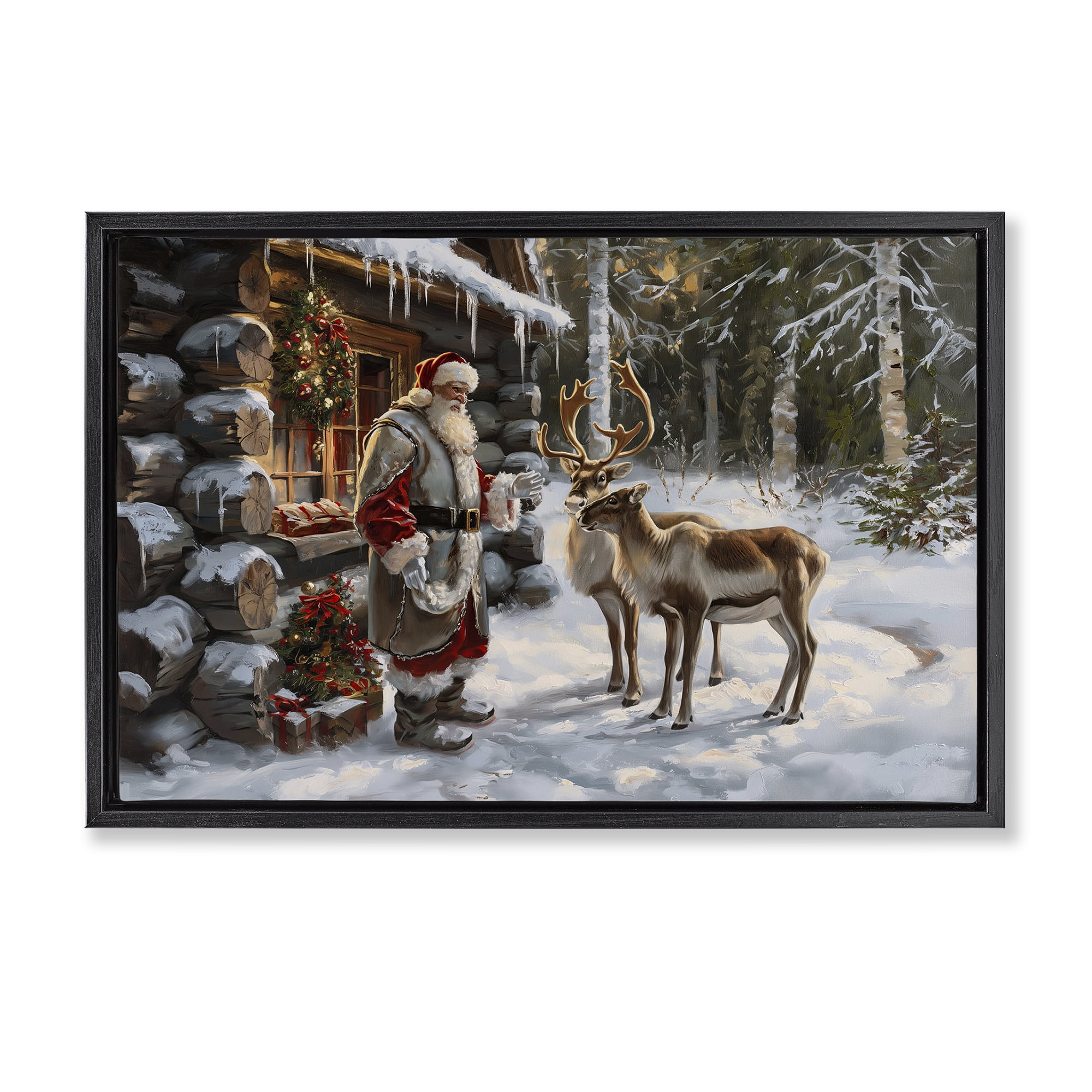 Stupell Industries Santa's Cabin with Reindeer Holiday Painting Black Floater Framed Canvas Art Prints Wall Art, 31 x 21