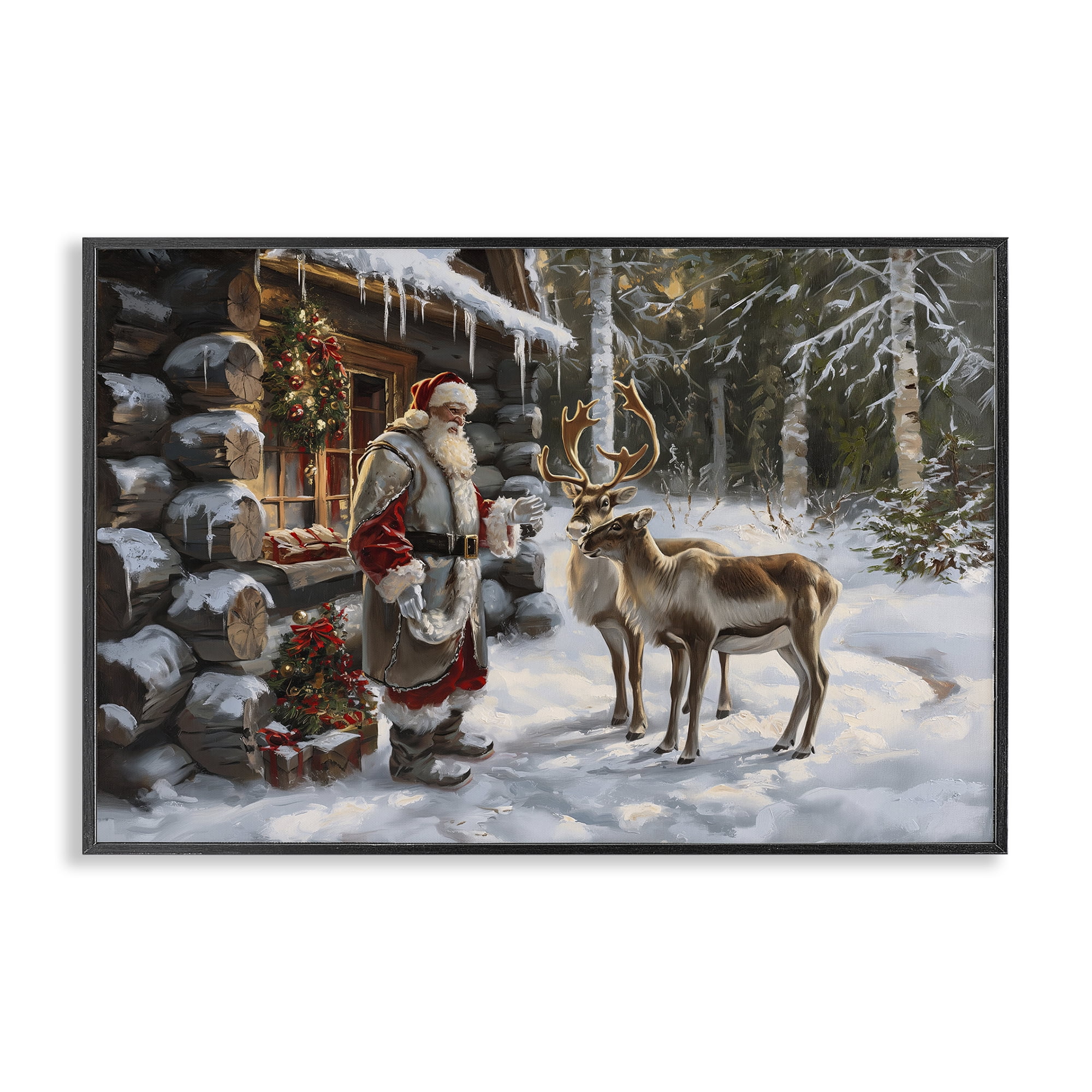 Stupell Industries Santa's Cabin with Reindeer Holiday Painting Black Framed Art Prints Wall Art, 30 x 20