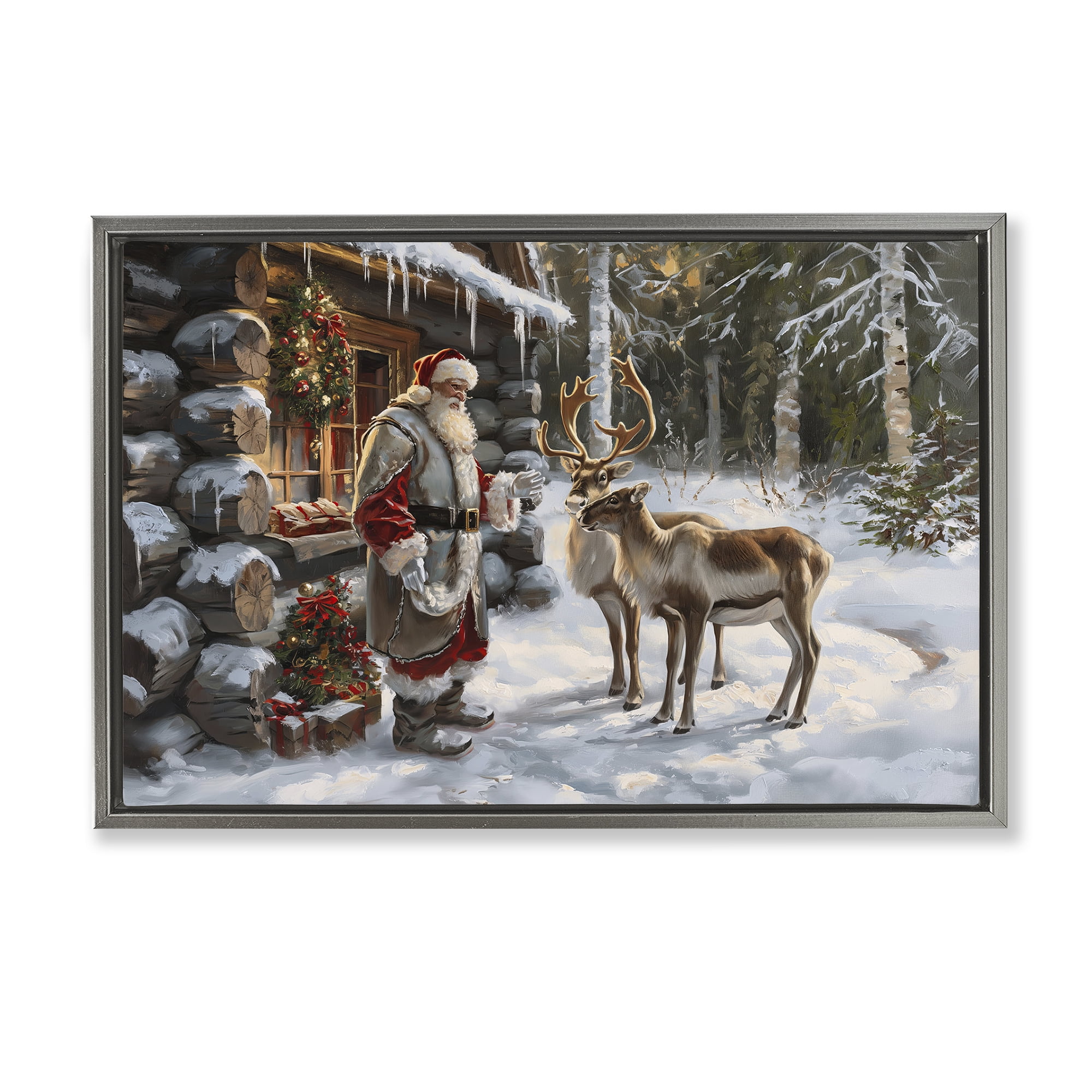 Stupell Industries Santa's Cabin with Reindeer Holiday Painting Gray Floater Framed Canvas Art Prints Wall Art, 31 x 21