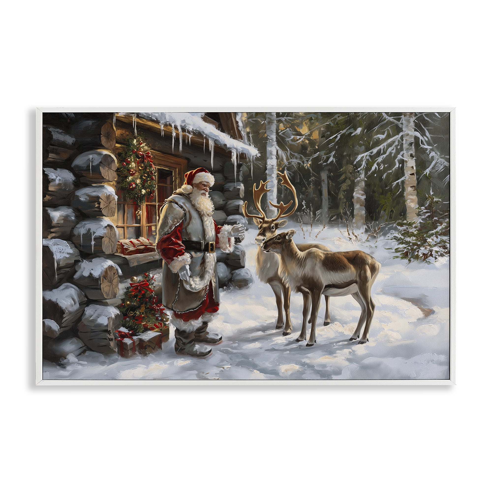 Stupell Industries Santa's Cabin with Reindeer Holiday Painting White Framed Art Prints Wall Art, 18 x 12