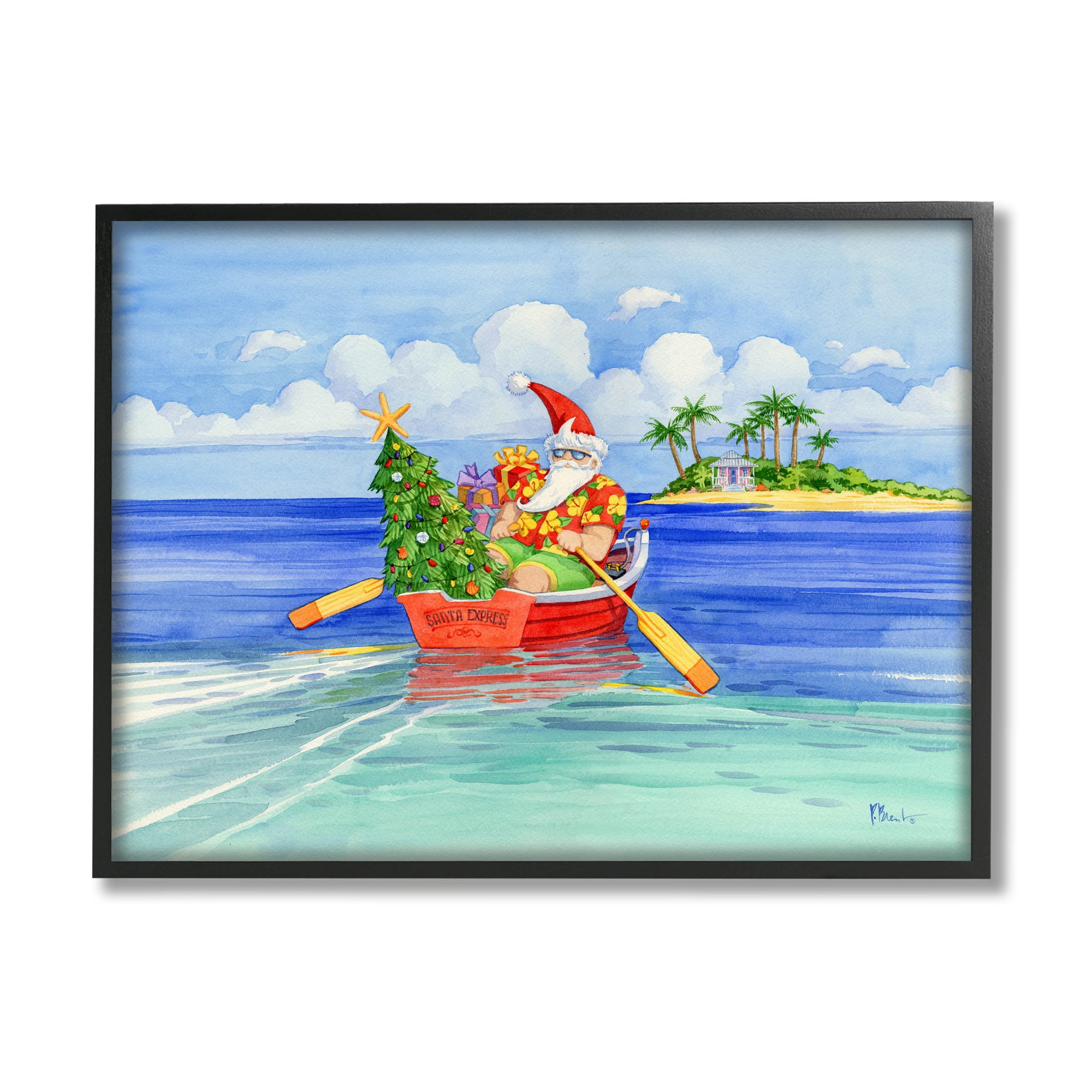 Santa's Tropical Christmas Boat Landscape Print with Black Frame