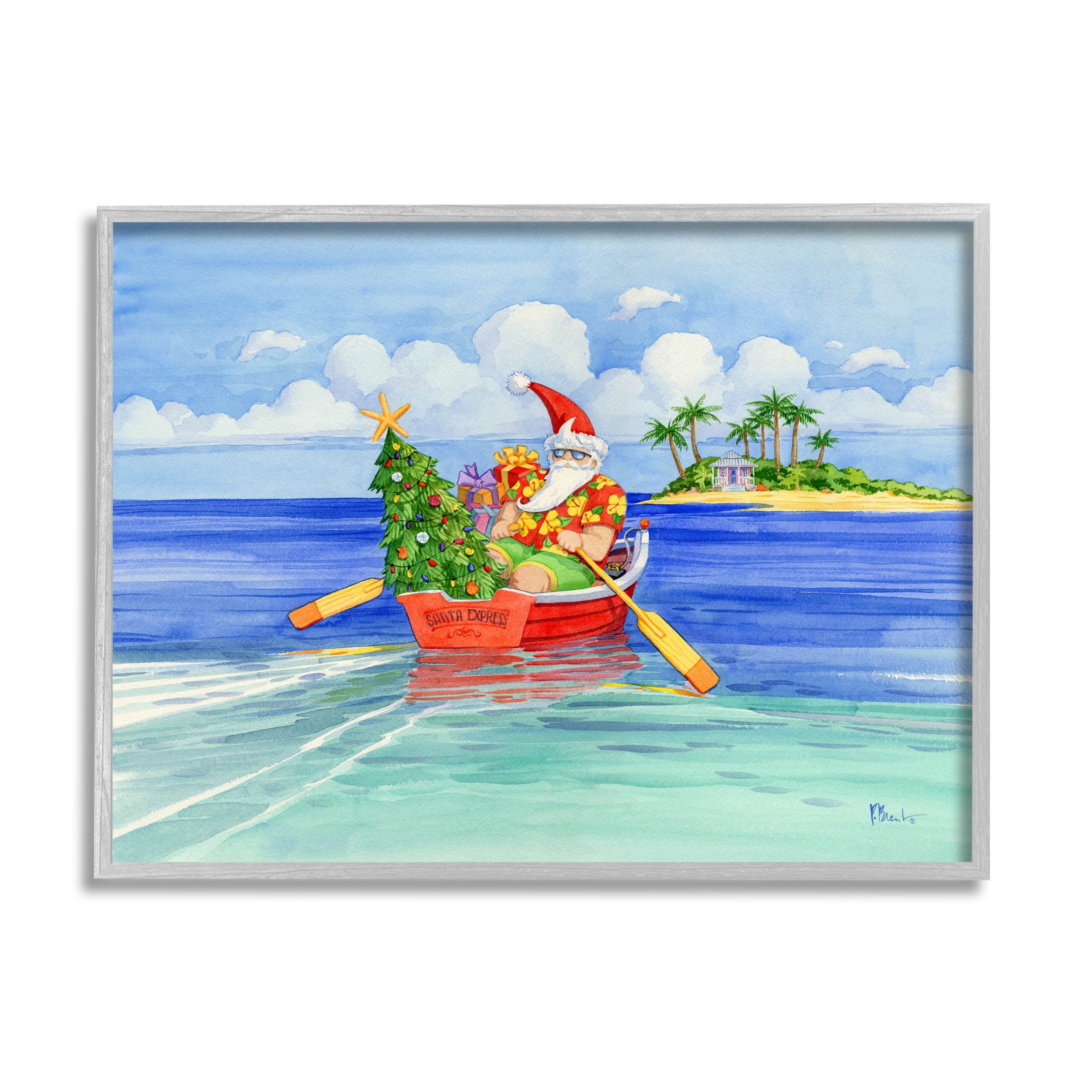 Stupell Industries Santa's Delivery Tropical Christmas Boat Painting Gray Framed Art Print Wall Art, Design by Paul Brent