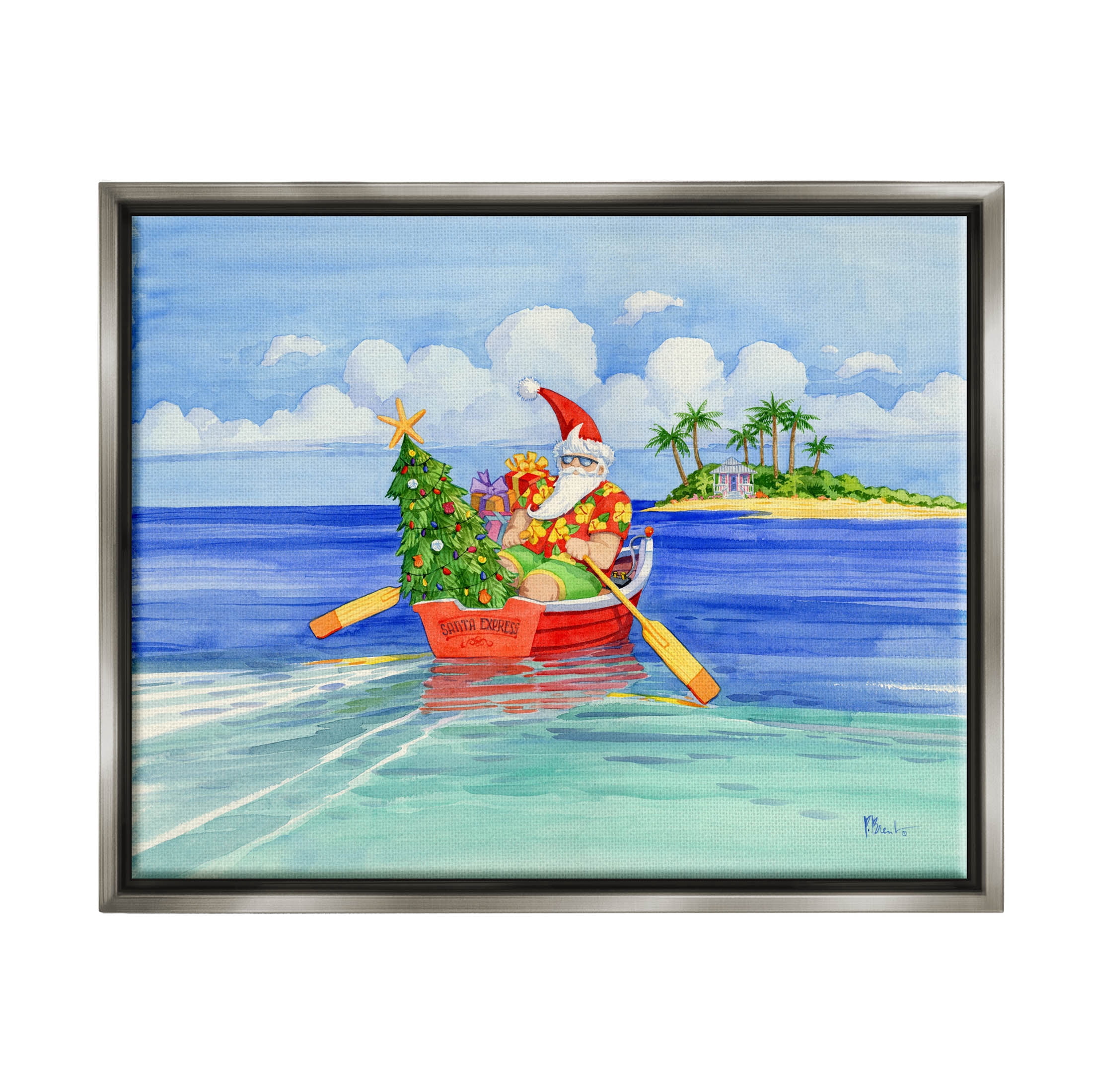 Stupell Industries Santa's Delivery Tropical Christmas Boat Painting Luster Gray Floating Framed Canvas Print Wall Art, Design by Paul Brent