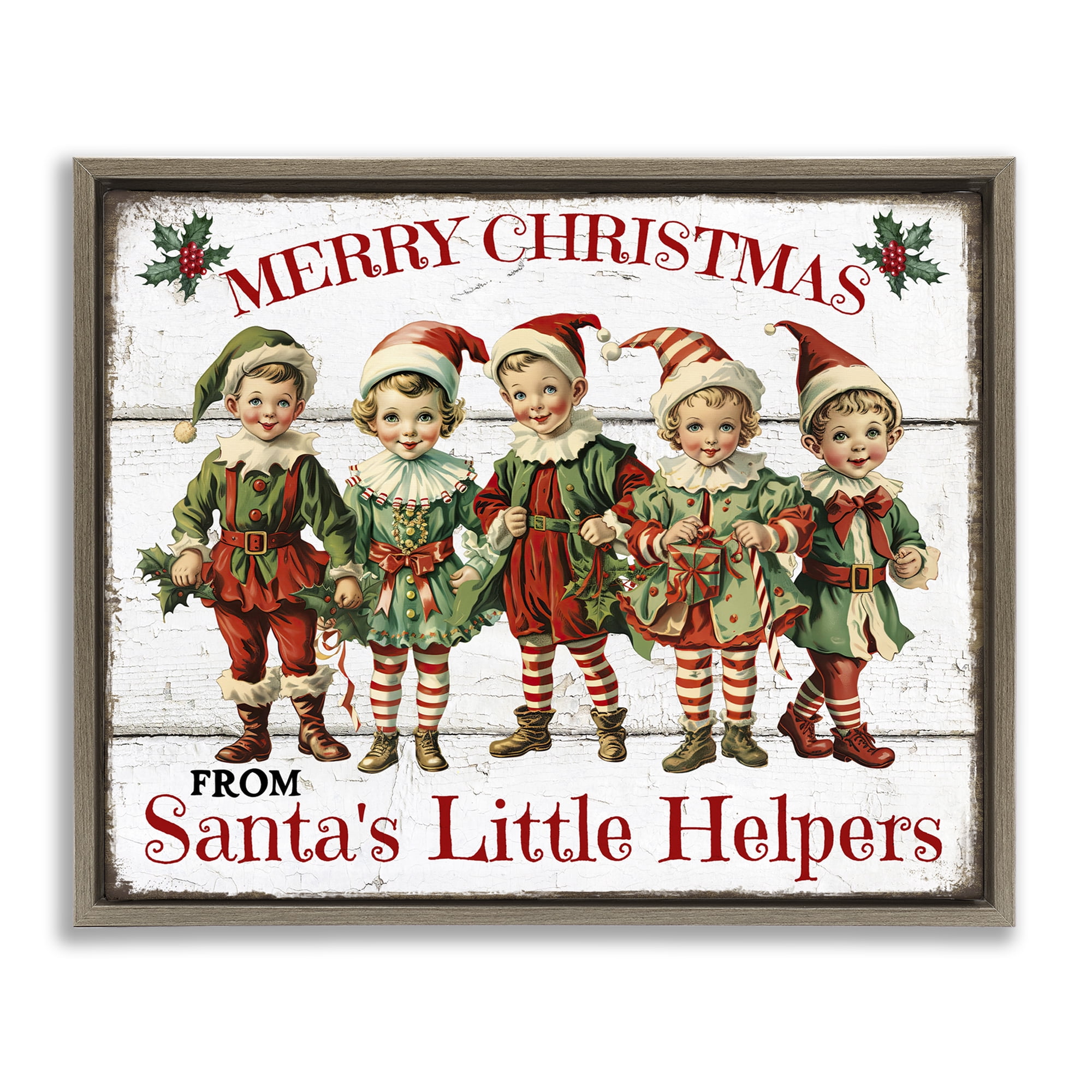 Stupell Industries Santa's Helpers Elves Holiday Painting Brown Floater Framed Canvas Art Prints Wall Art, 31 x 25