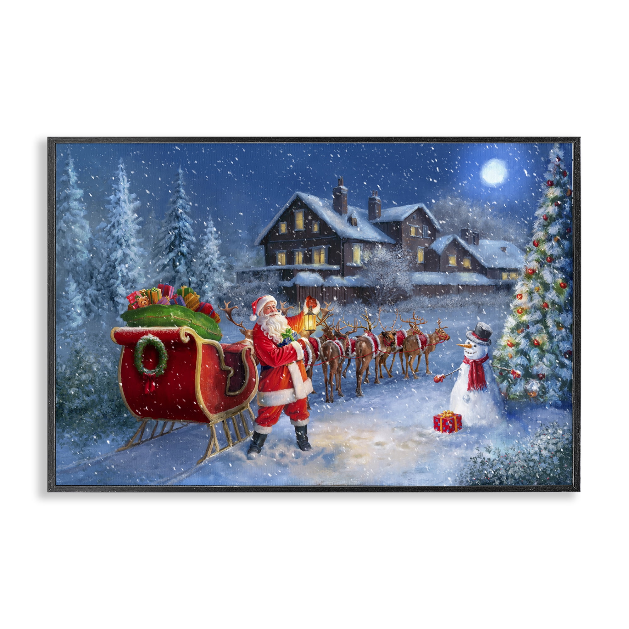 Stupell Industries Santa's Sleigh & Lantern Holiday Painting Black Framed Art Prints Wall Art, 18 x 12