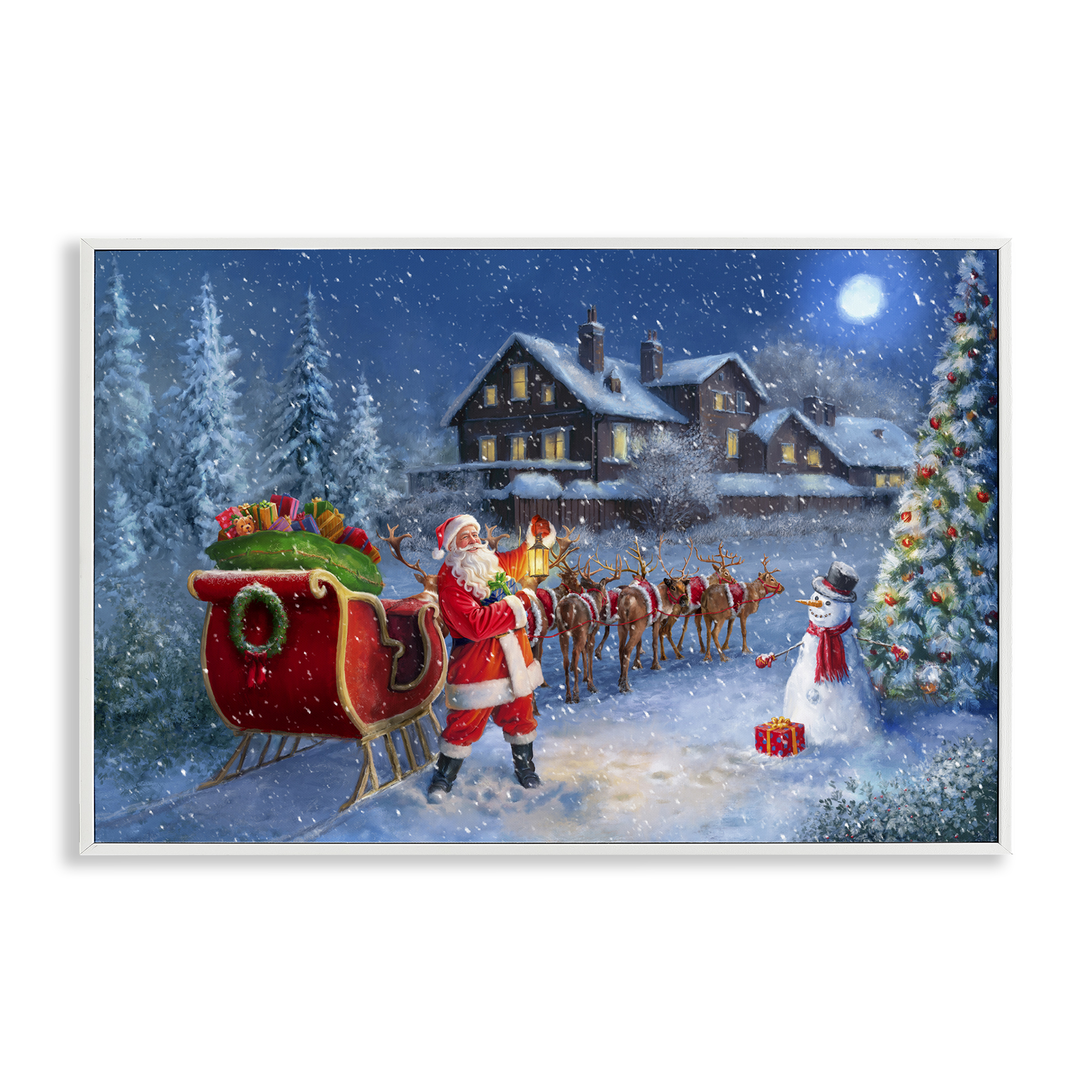 Stupell Industries Santa's Sleigh & Lantern Holiday Painting White Framed Art Prints Wall Art, 30 x 20