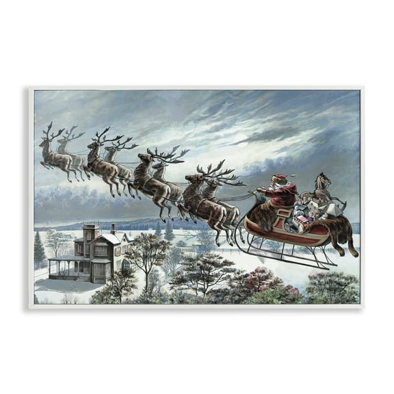 Stupell Industries Santa's Sleigh over Town Holiday Painting White Framed Art Print Wall Art, 24 x 16