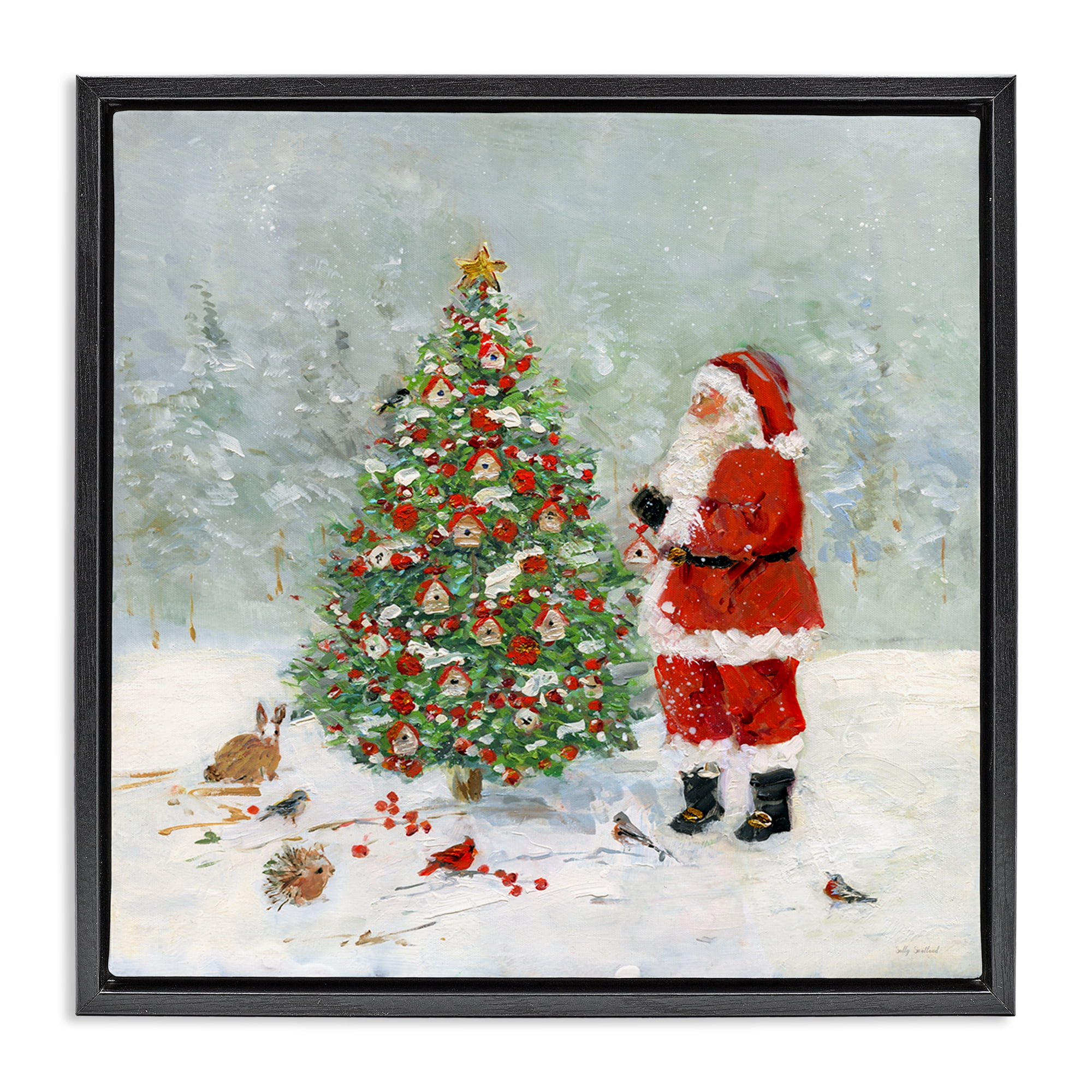 Stupell Industries Santa with Birdhouse Tree Holiday Painting Black Floater Framed Canvas Art Prints Wall Art, 18 x 18