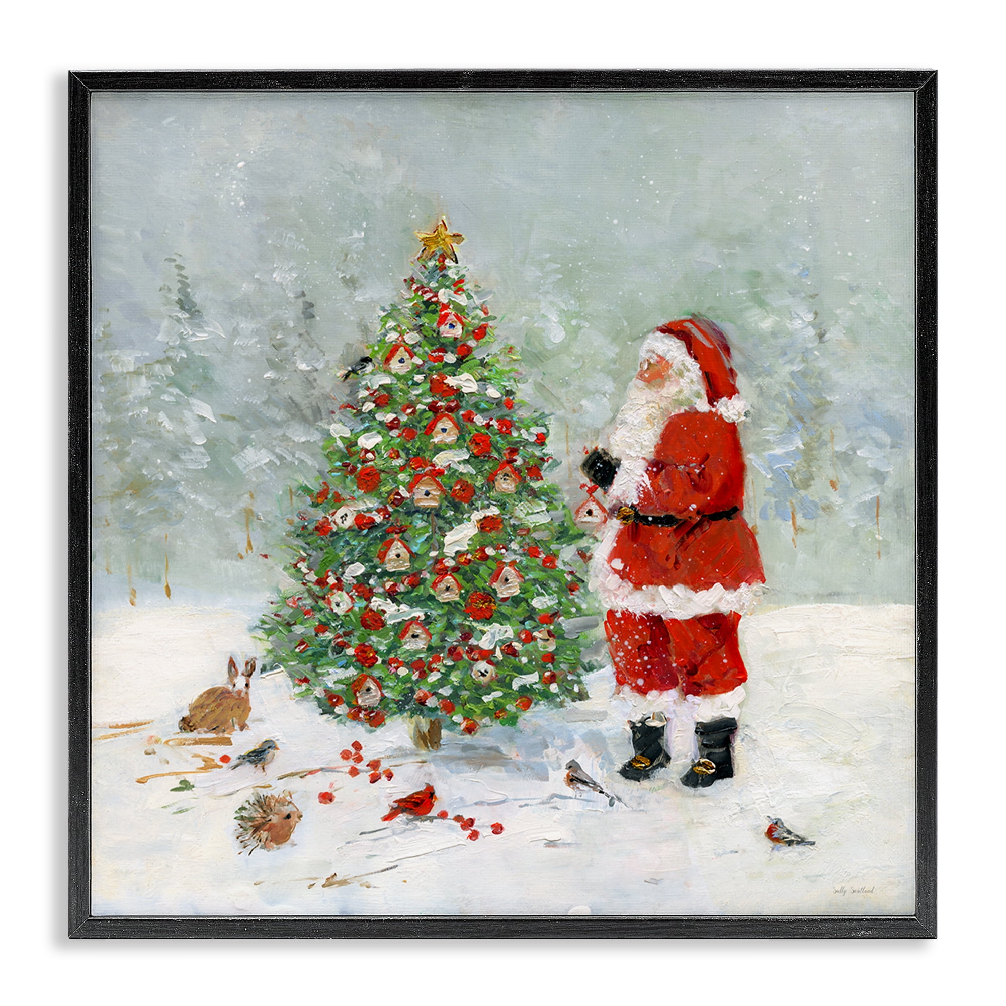 Stupell Industries Santa with Birdhouse Tree Holiday Painting Black Framed Art Prints Wall Art, 17 x 17