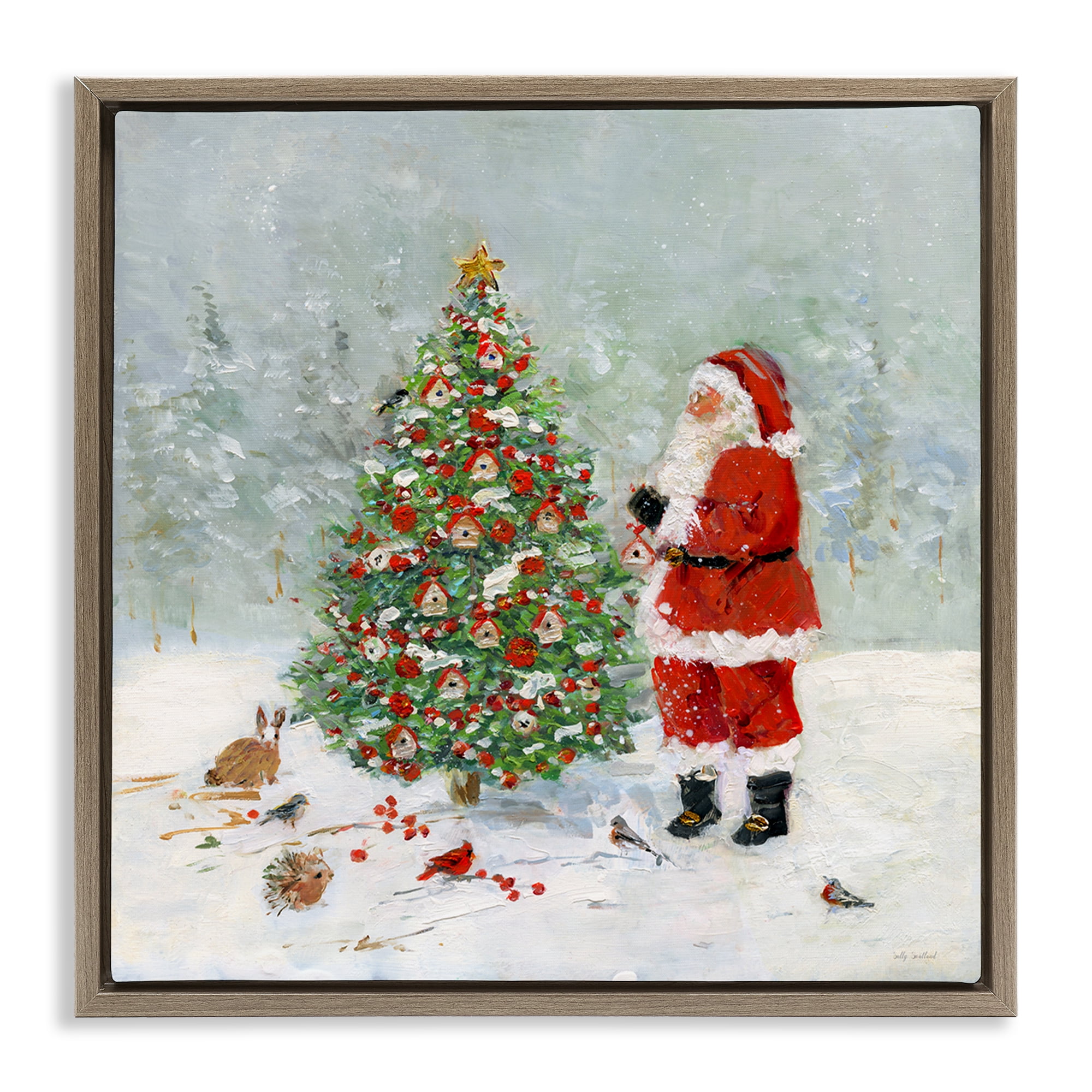 Stupell Industries Santa with Birdhouse Tree Holiday Painting Brown Floater Framed Canvas Art Prints Wall Art, 25 x 25