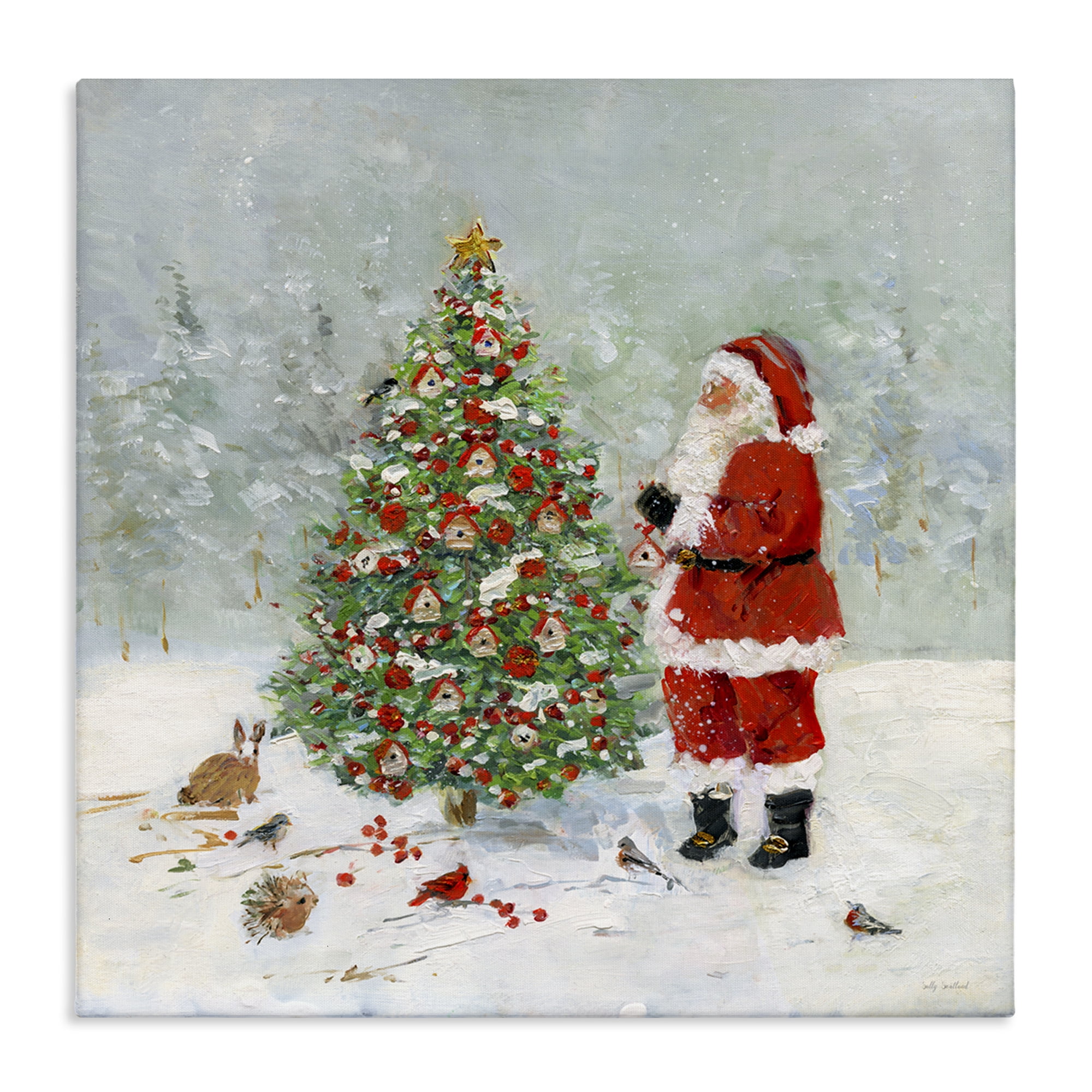 Stupell Industries Santa with Birdhouse Tree Holiday Painting Gallery Wrapped Canvas Art Prints Wall Art, 17 x 17