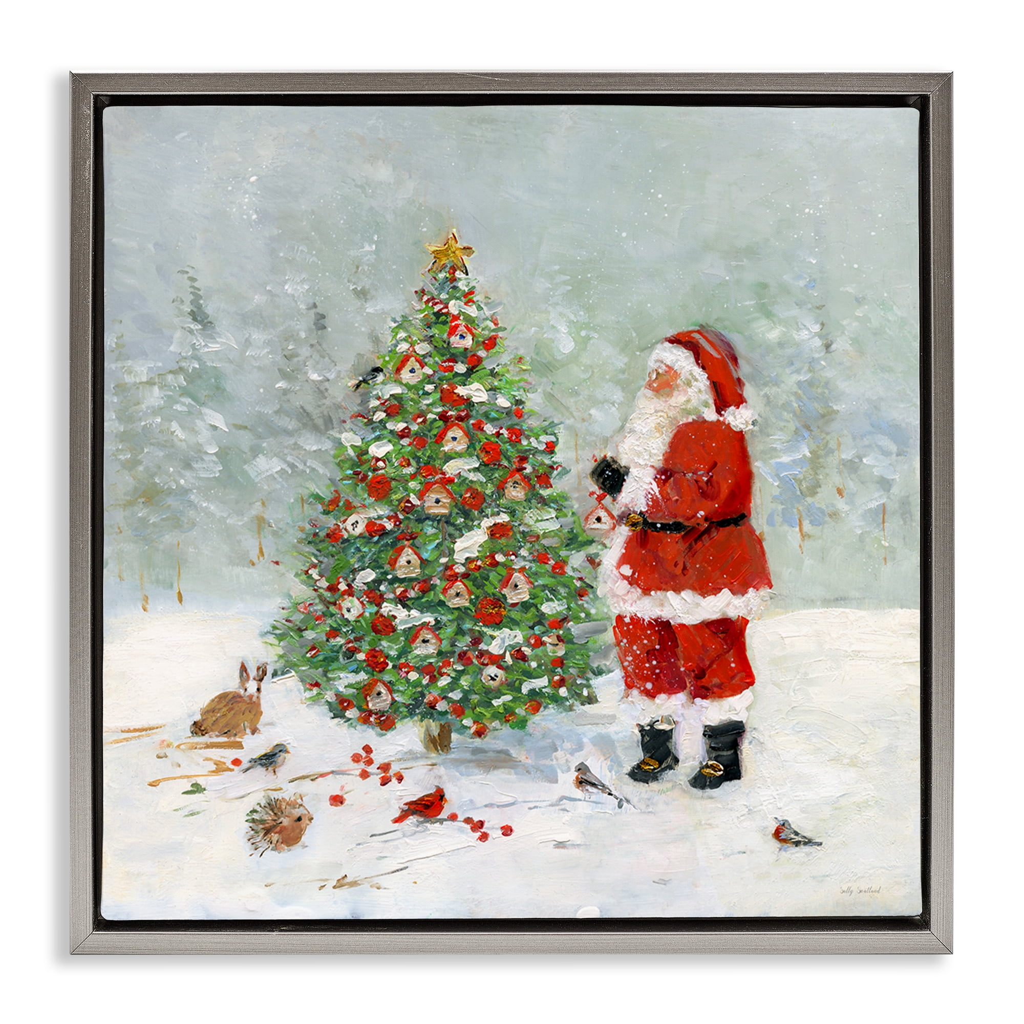 Stupell Industries Santa with Birdhouse Tree Holiday Painting Gray Floater Framed Canvas Art Prints Wall Art, 25 x 25