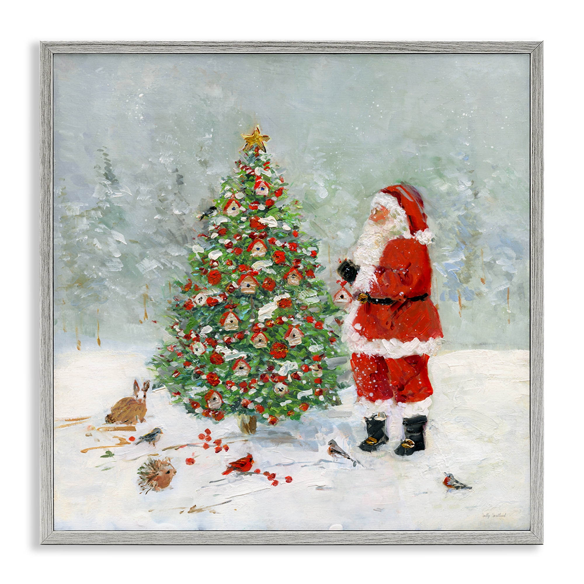 Stupell Industries Santa with Birdhouse Tree Holiday Painting Gray Framed Art Prints Wall Art, 17 x 17
