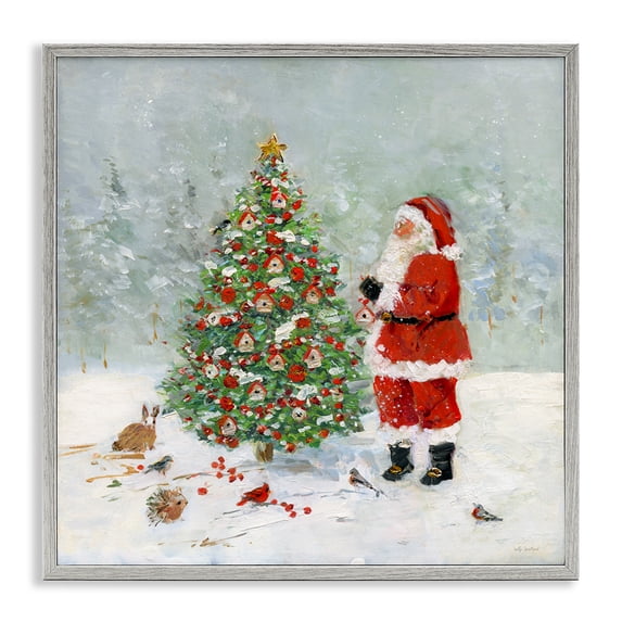 Stupell Industries Farmhouse Santa with Birdhouse Tree Gray Framed Giclee Art, 24 x 24, by Sally Swatland