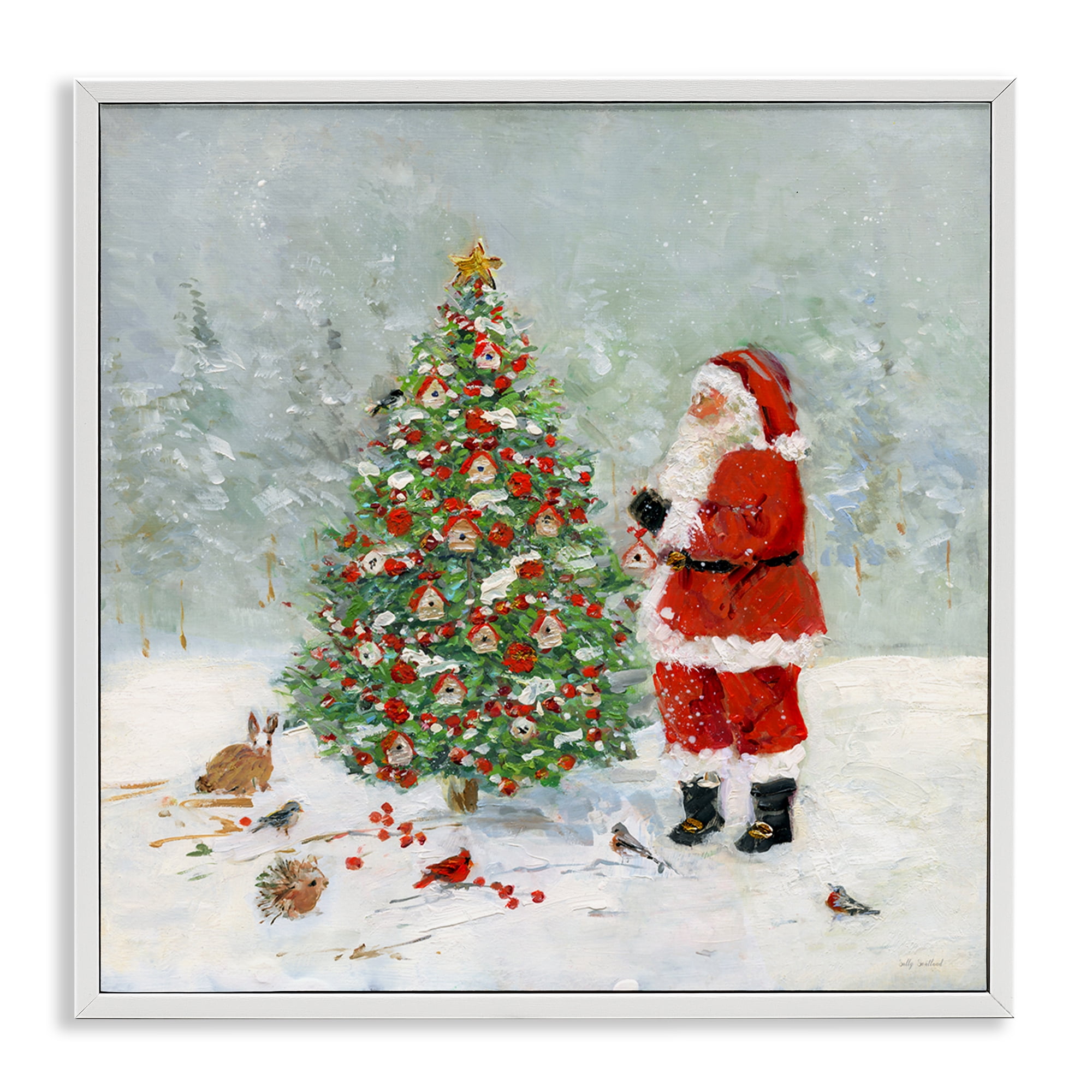 Stupell Industries Santa with Birdhouse Tree Holiday Painting White Framed Art Prints Wall Art, 12 x 12