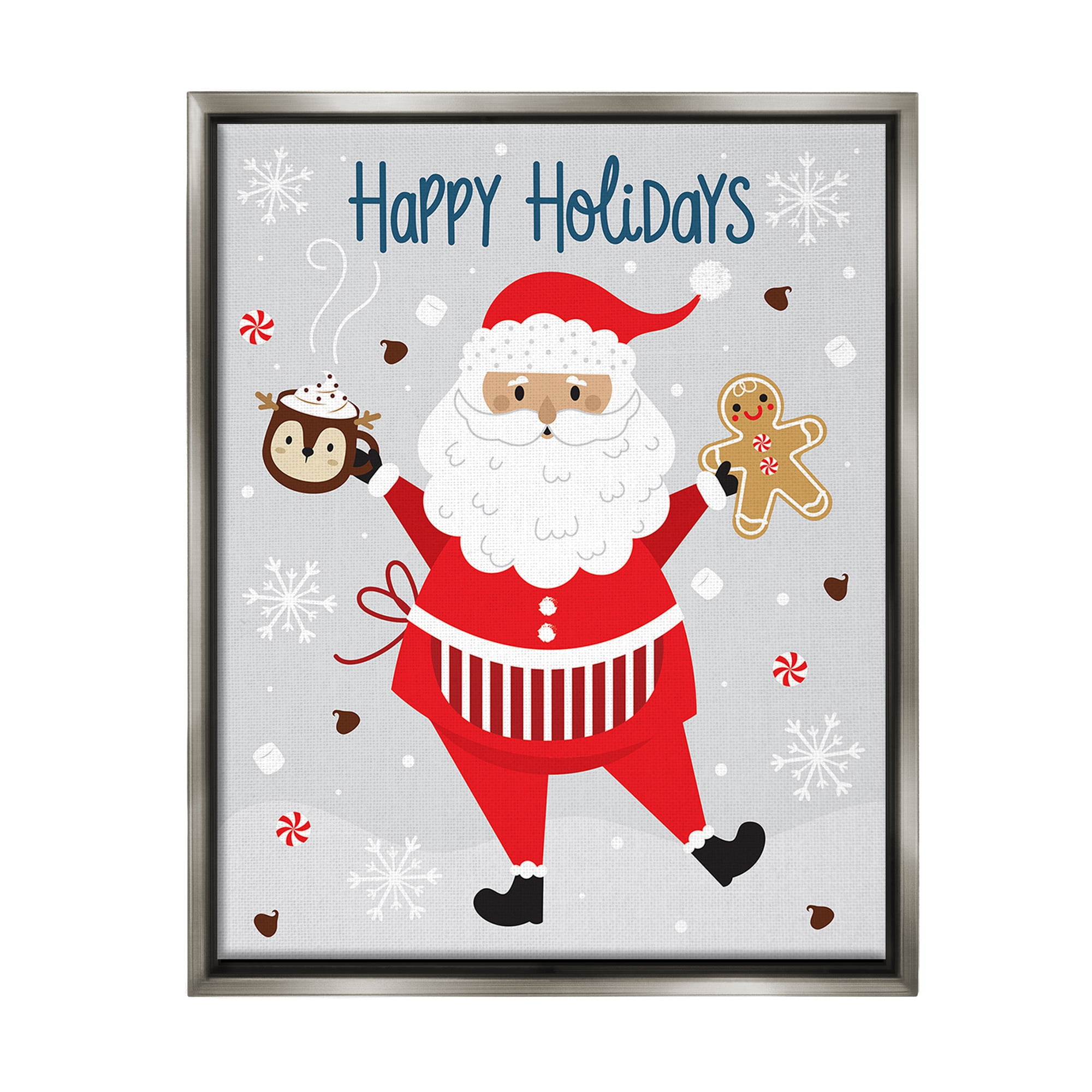 Stupell Industries Santa with Cocoa & Cookie Holiday Painting Gray Floater Framed Canvas Art Print Wall Art, 17 x 21