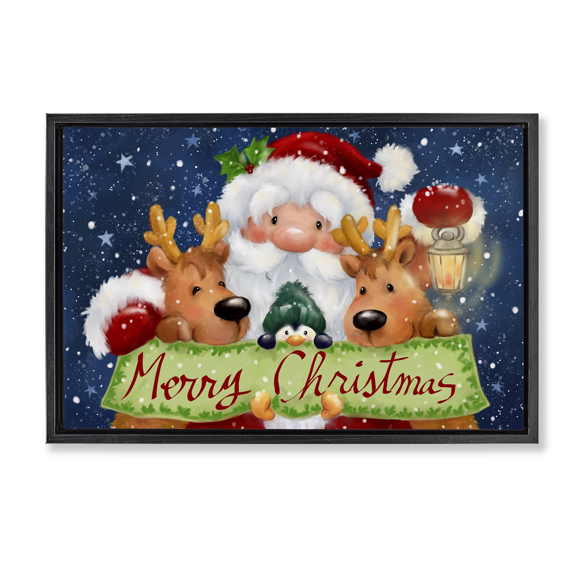 Stupell Industries Santa with Lantern Christmas Holiday Painting Black Floater Framed Canvas Art Prints Wall Art, 31 x 21