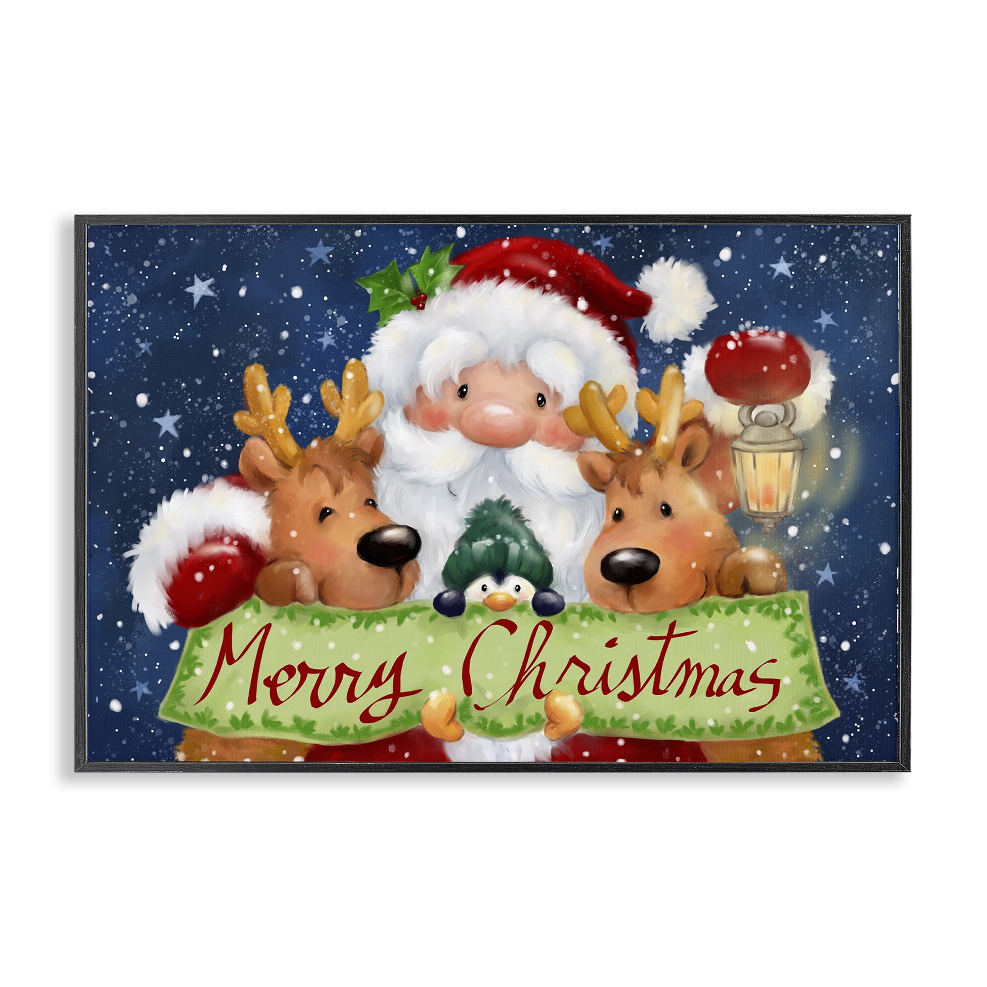 Stupell Industries Santa with Lantern Christmas Holiday Painting Black Framed Art Prints Wall Art, 18 x 12