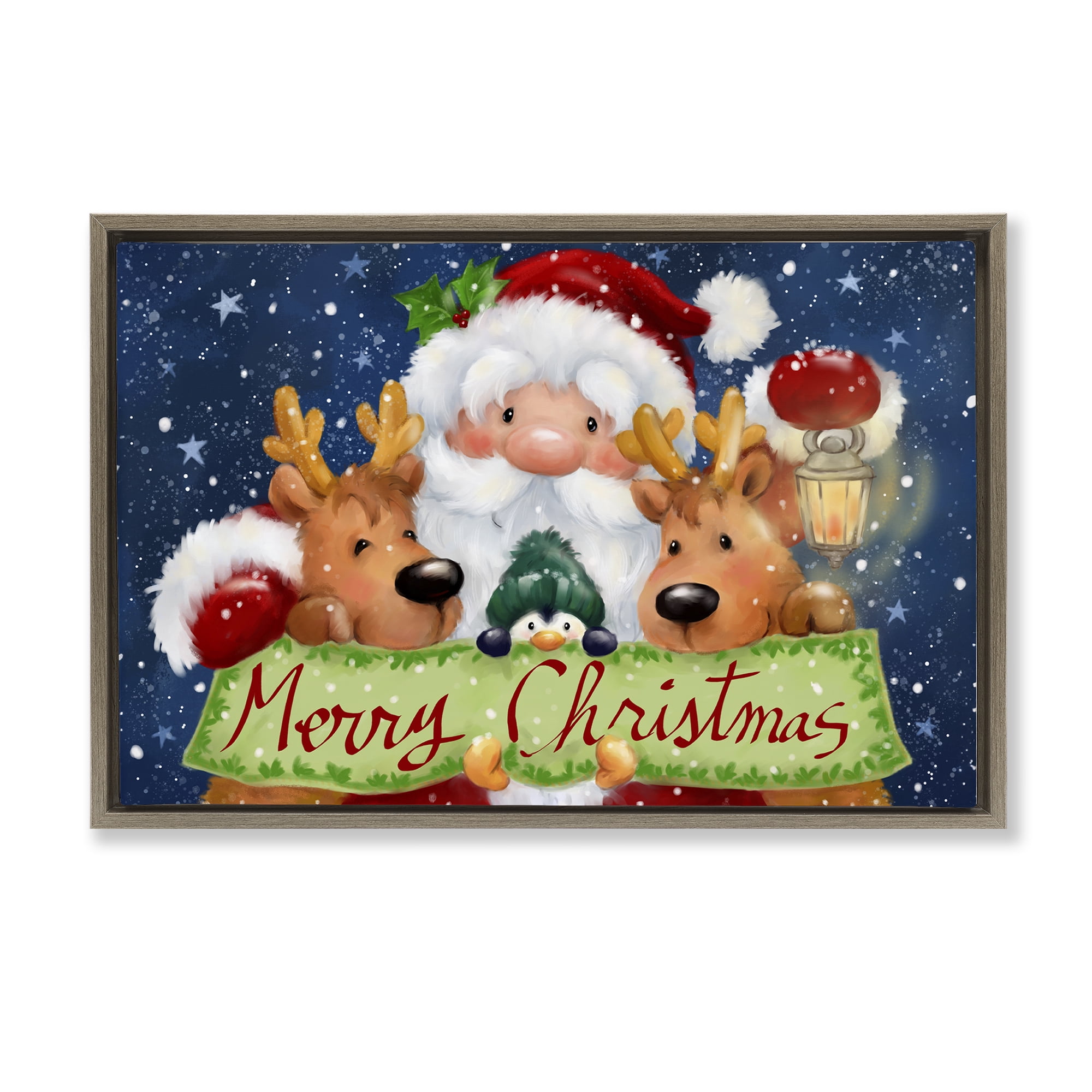 Stupell Industries Santa with Lantern Christmas Holiday Painting Brown Floater Framed Canvas Art Prints Wall Art, 31 x 21