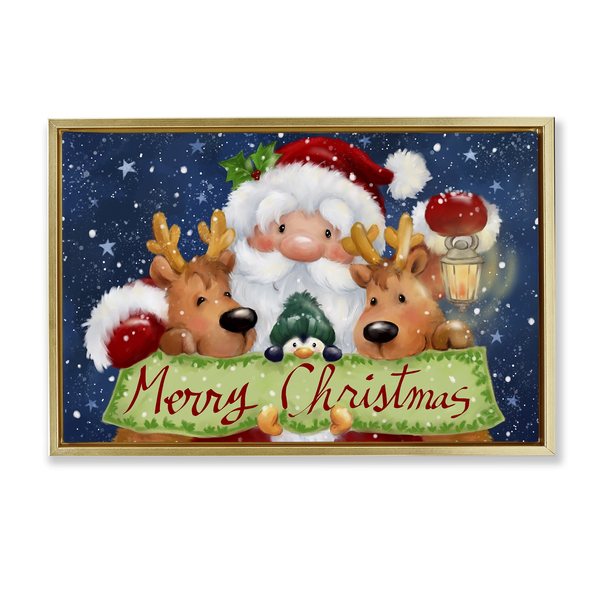 Stupell Industries Santa with Lantern Christmas Holiday Painting Gold Floater Framed Canvas Art Prints Wall Art, 31 x 21