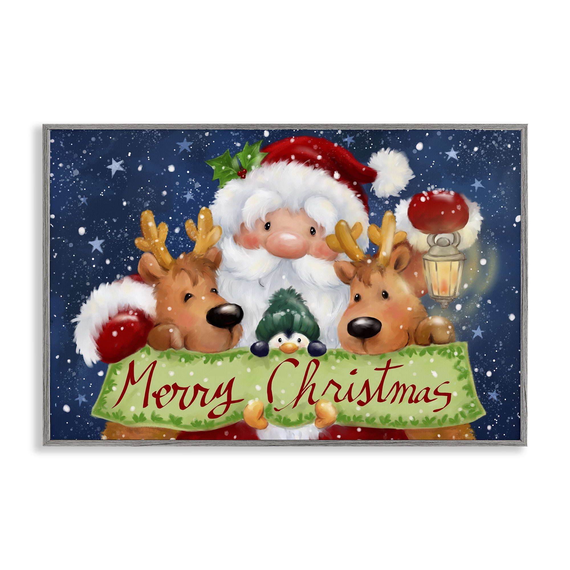 Stupell Industries Santa with Lantern Christmas Holiday Painting Gray Framed Art Prints Wall Art, 24 x 16