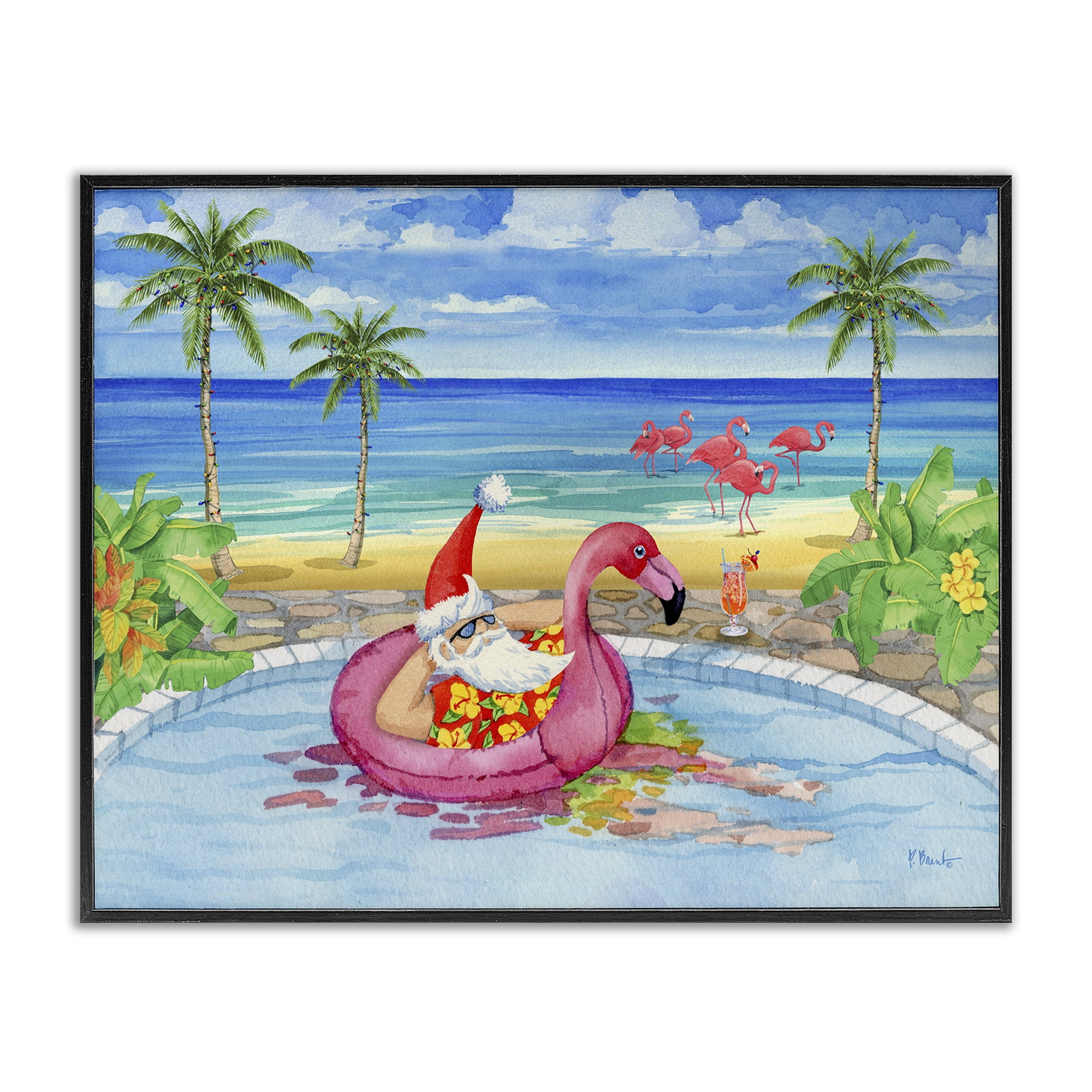 Stupell Industries Santa with Pool Float Holiday Painting Black Framed Art Prints Wall Art, 20 x 16