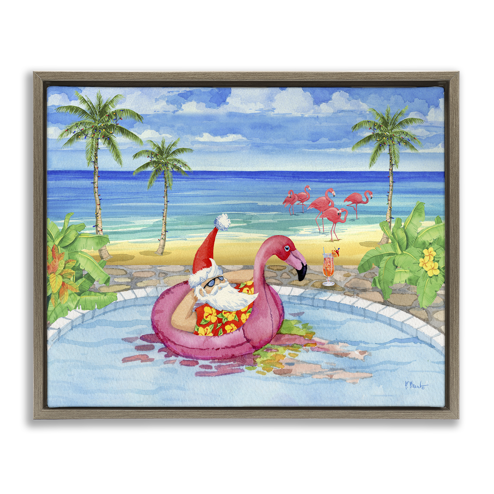Stupell Industries Santa with Pool Float Holiday Painting Brown Floater Framed Canvas Art Prints Wall Art, 31 x 25