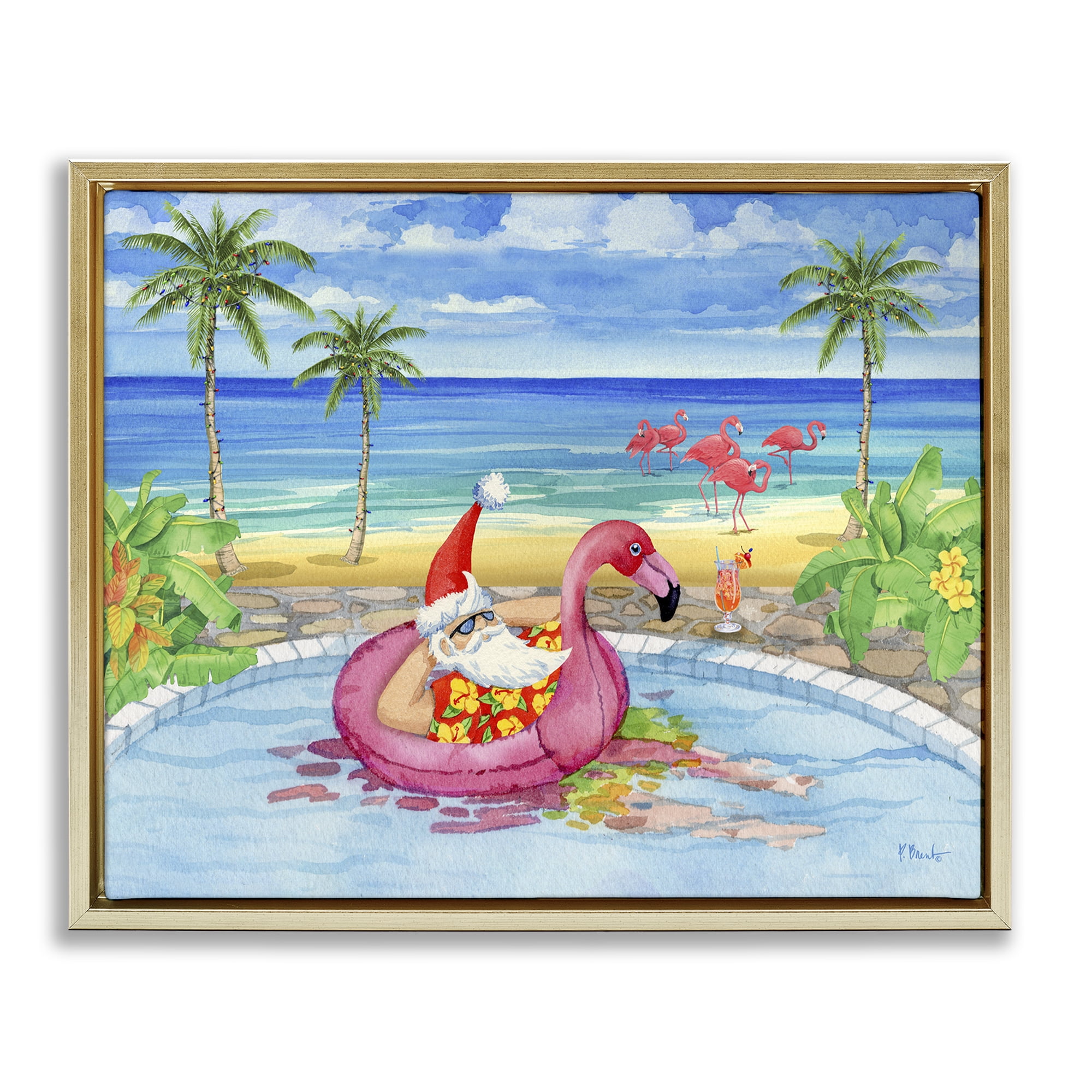 Stupell Industries Santa with Pool Float Holiday Painting Gold Floater Framed Canvas Art Prints Wall Art, 21 x 17