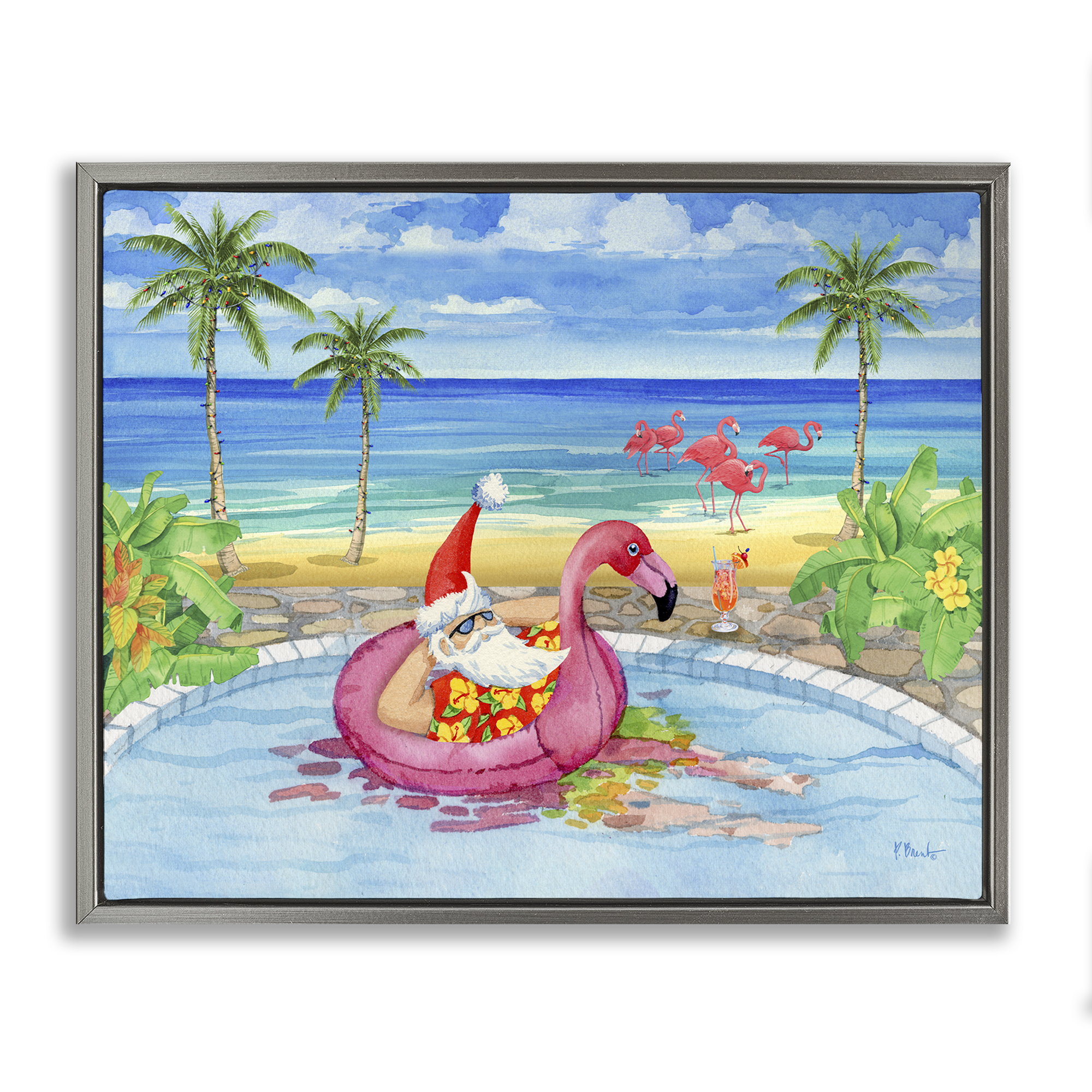 Stupell Industries Santa with Pool Float Holiday Painting Gray Floater Framed Canvas Art Prints Wall Art, 21 x 17