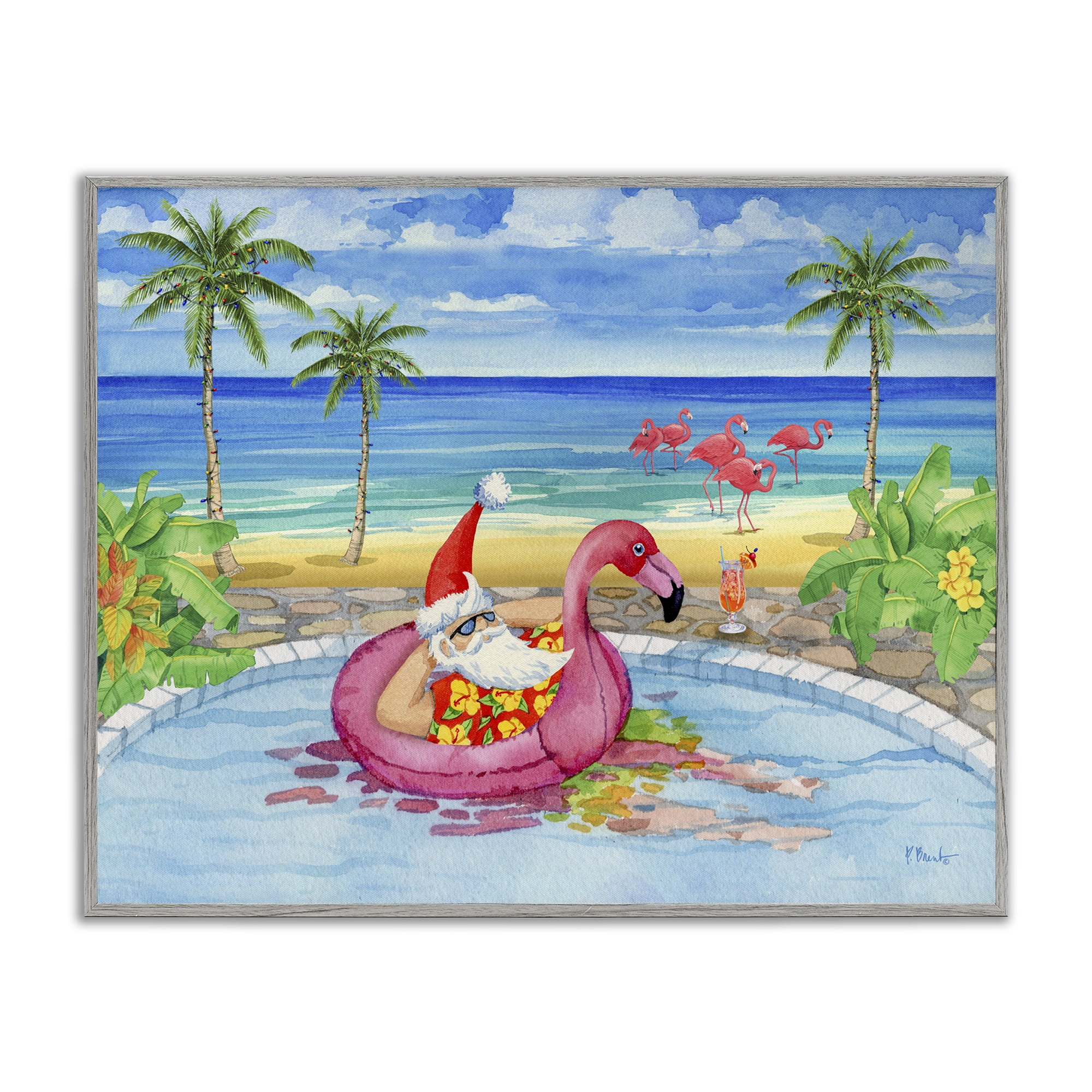 Stupell Industries Santa with Pool Float Holiday Painting Gray Framed Art Prints Wall Art, 14 x 11