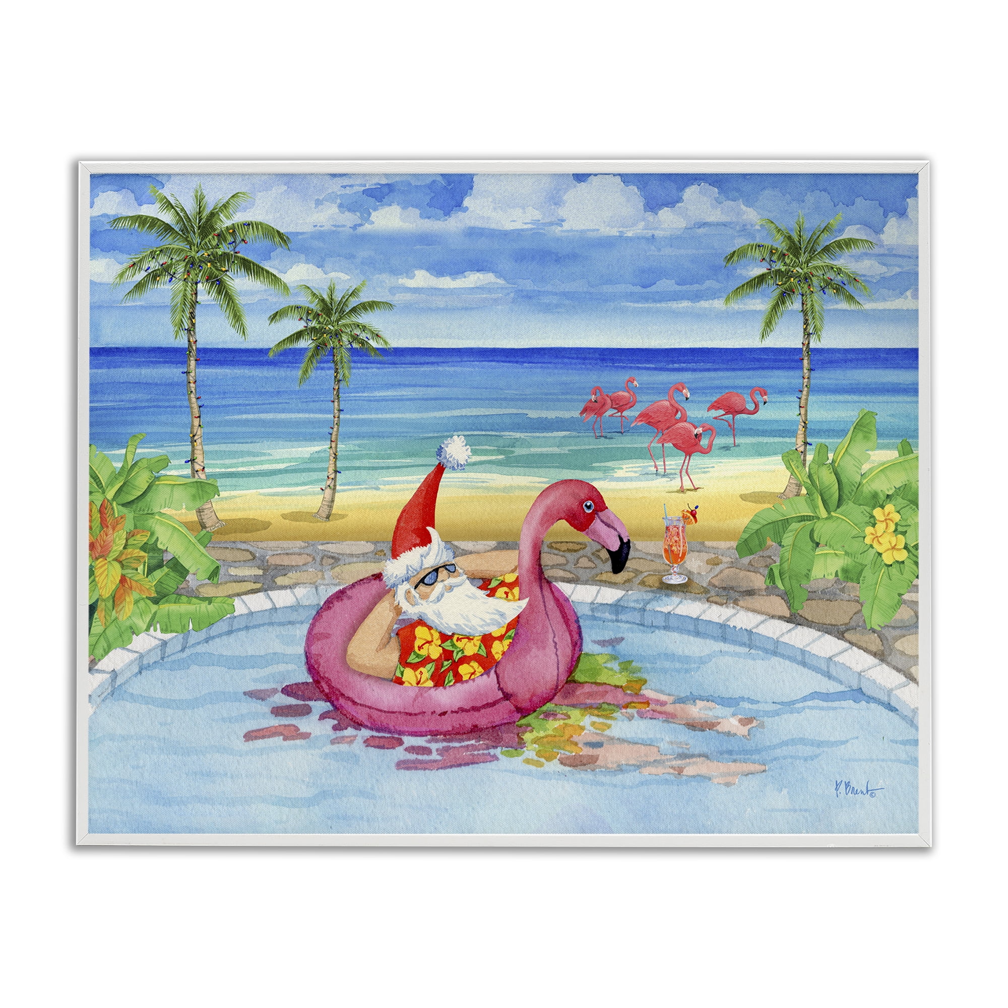 Stupell Industries Santa with Pool Float Holiday Painting White Framed Art Prints Wall Art, 20 x 16