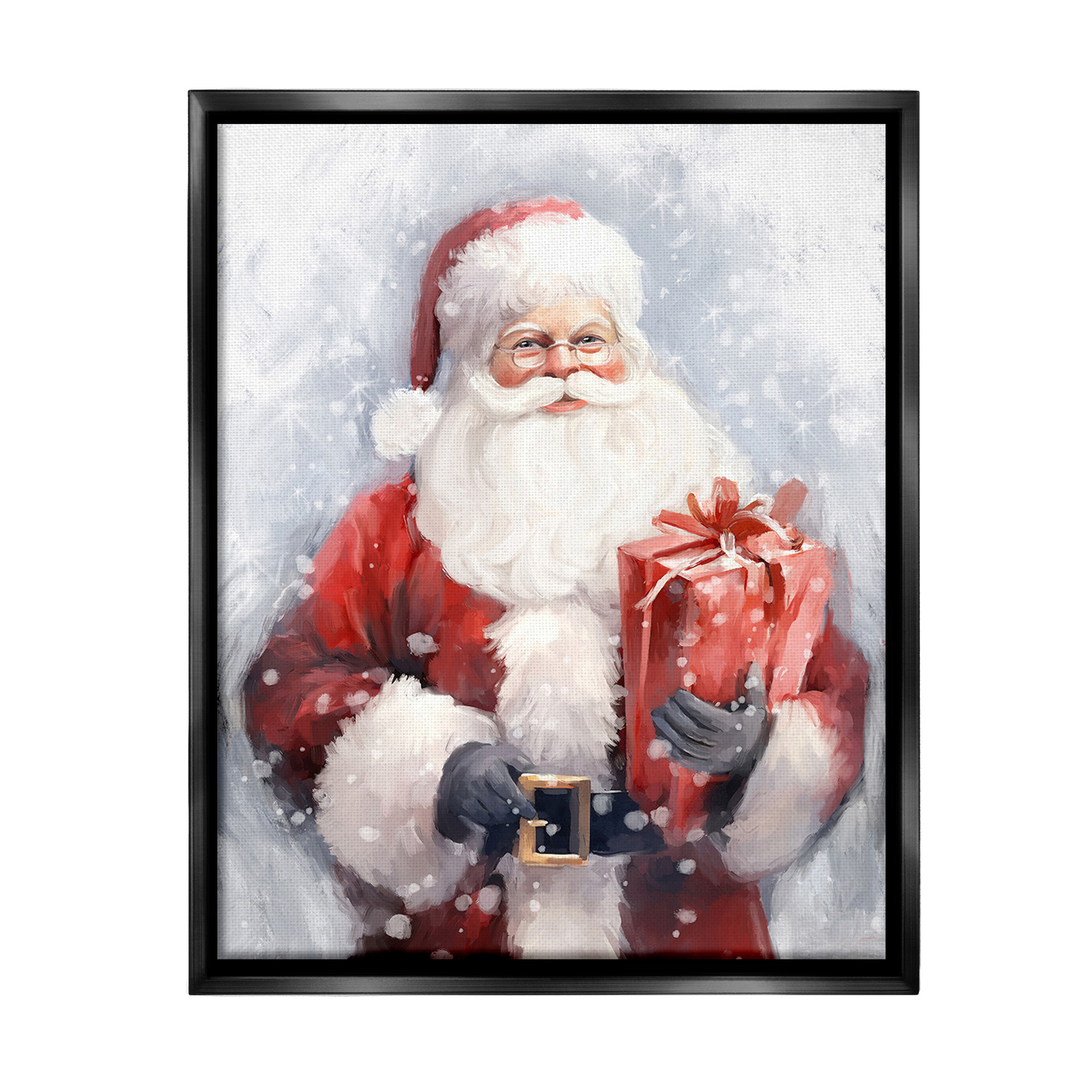 Stupell Industries Santa with Red Gift Holiday Painting Black Floater Framed Canvas Art Print Wall Art, 25 x 31
