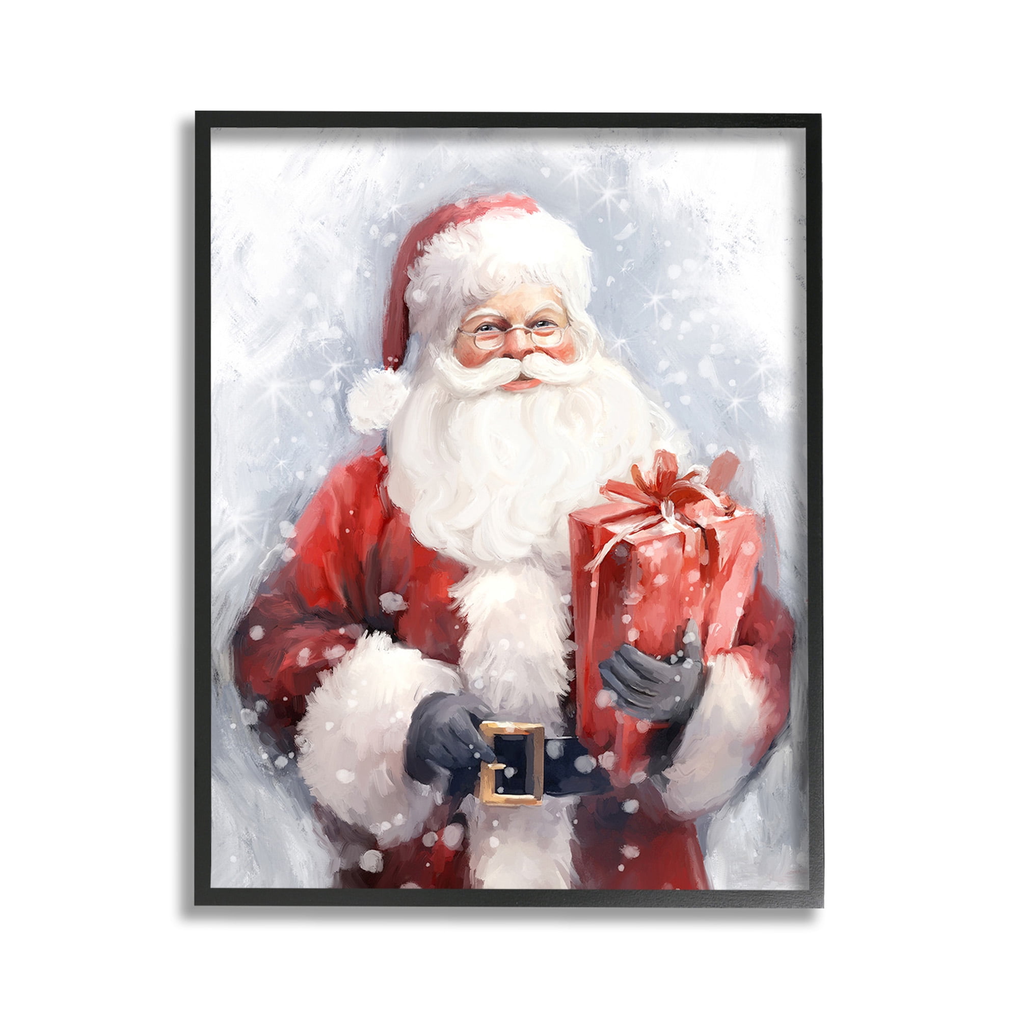 Stupell Industries Santa with Red Gift Holiday Painting Black Framed Art Print Wall Art, 11 x 14