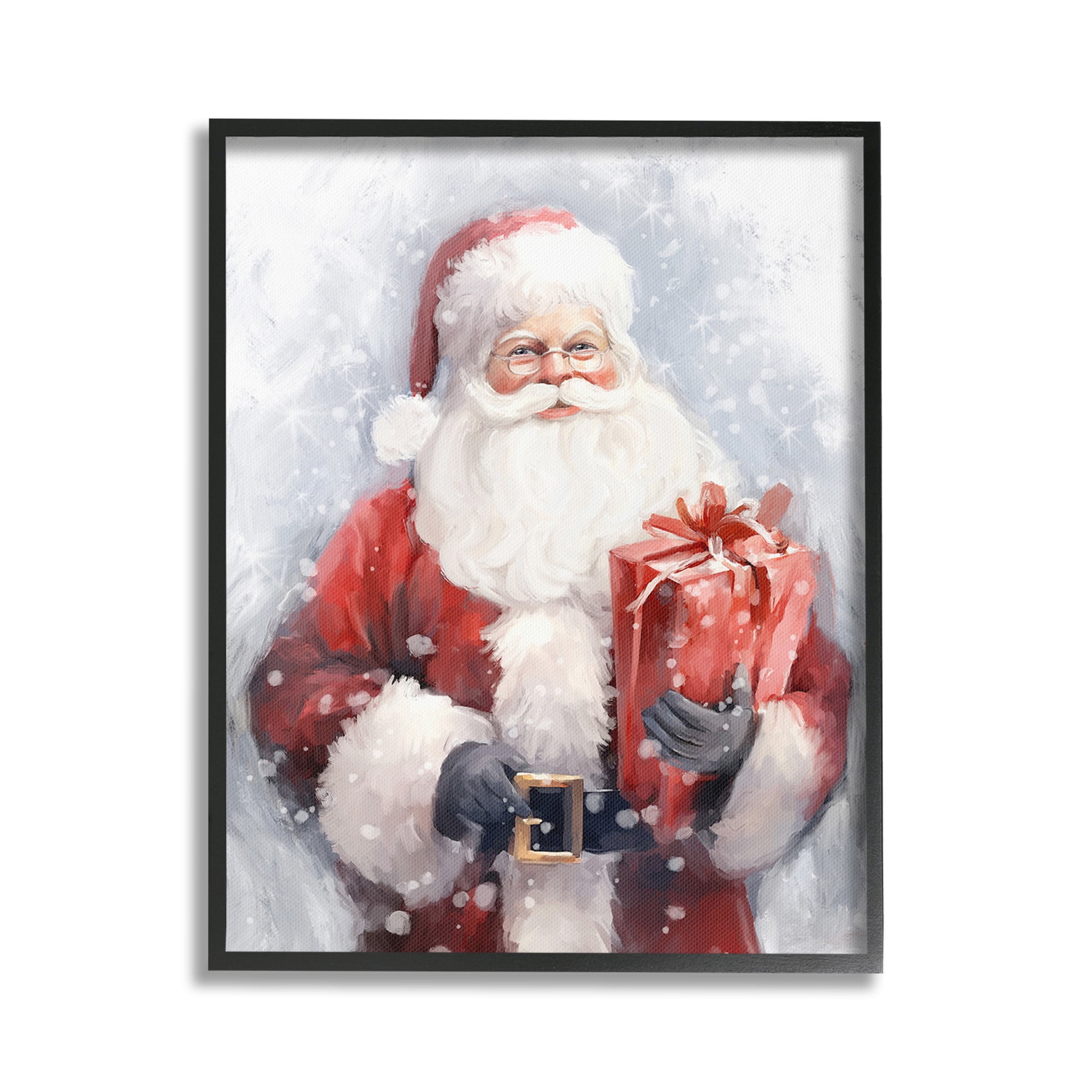 Stupell Industries Santa with Red Gift Holiday Painting Black Framed Art Print Wall Art, 16 x 20