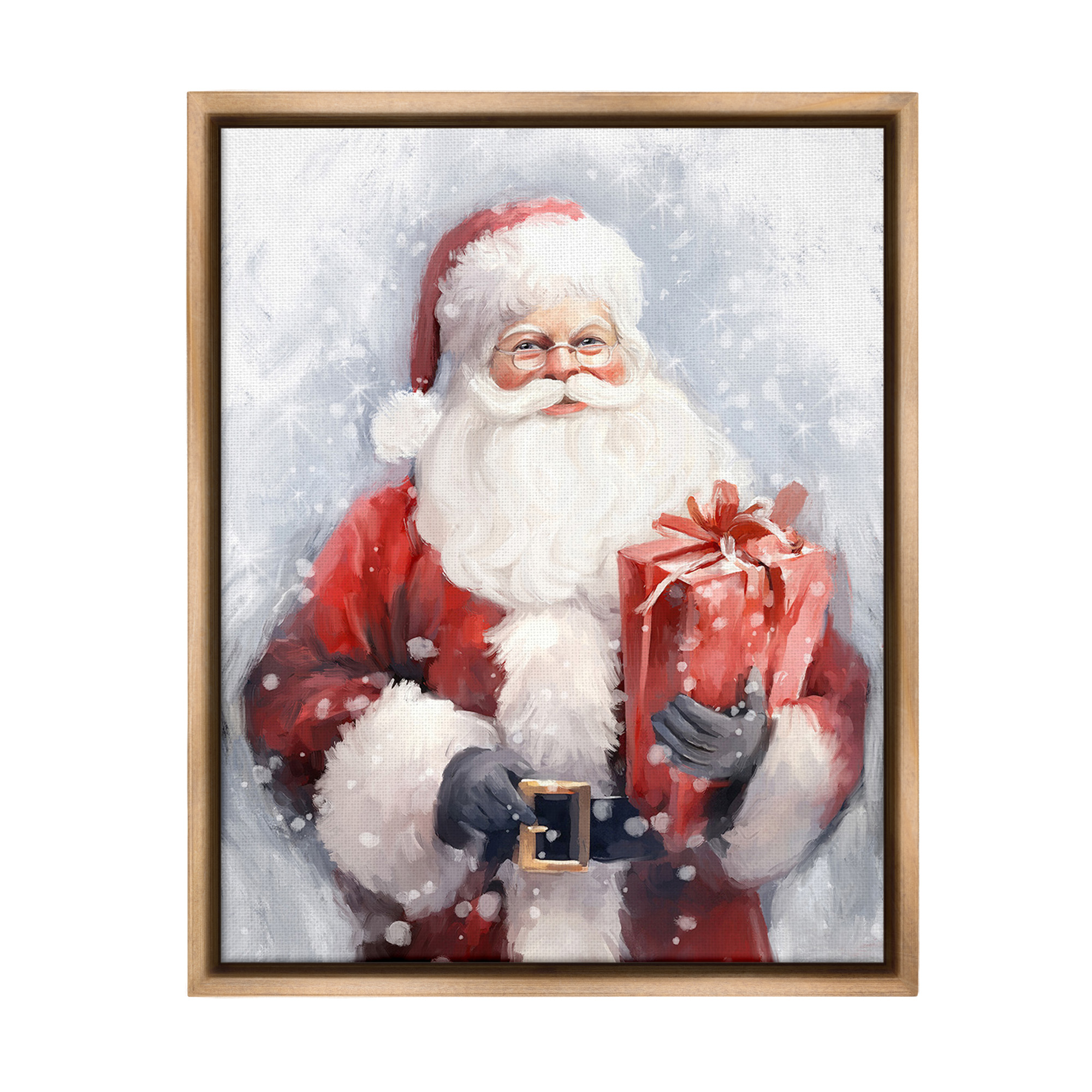 Stupell Industries Santa with Red Gift Holiday Painting Brown Floater Framed Canvas Art Print Wall Art, 17 x 21