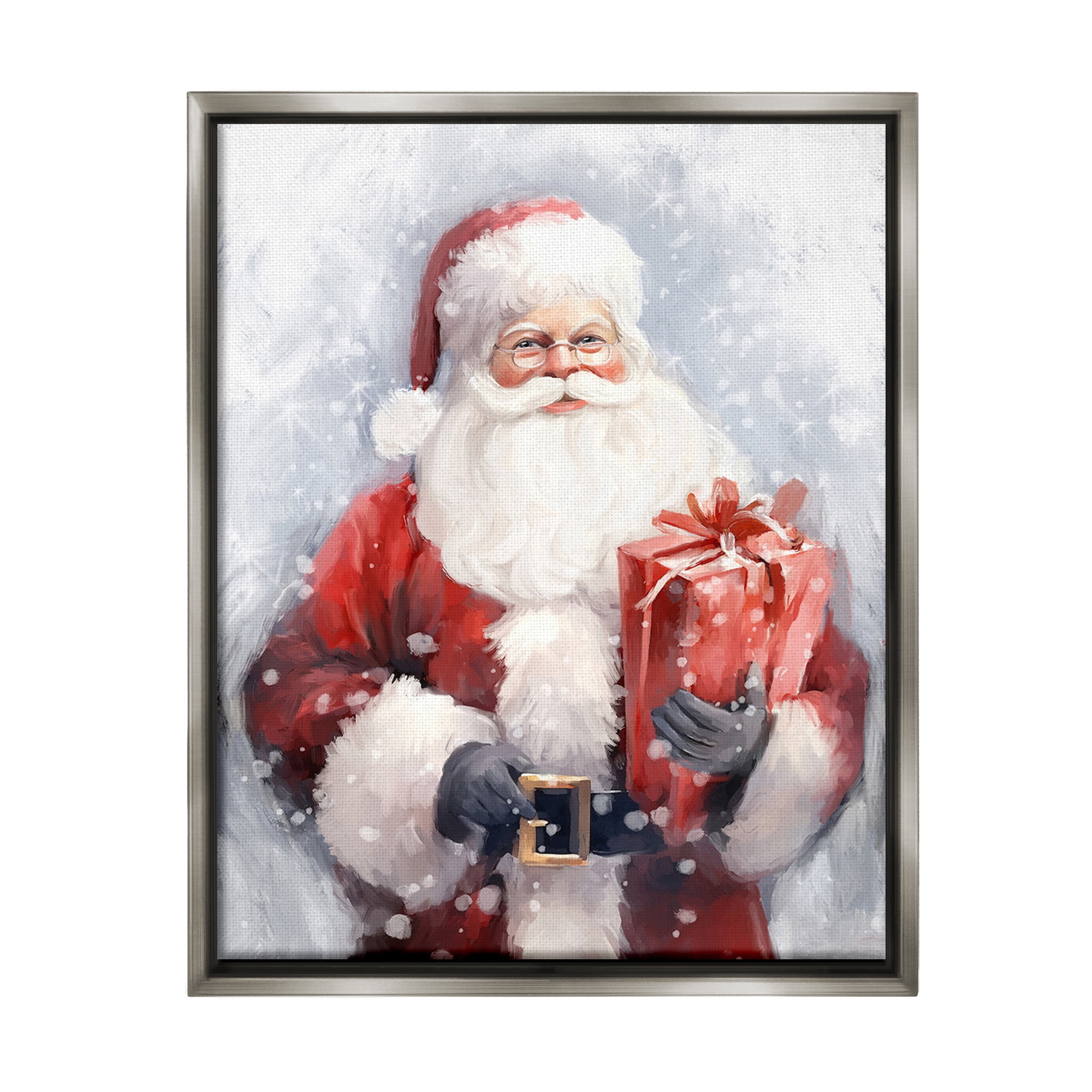 Stupell Industries Santa with Red Gift Holiday Painting Gray Floater Framed Canvas Art Print Wall Art, 25 x 31