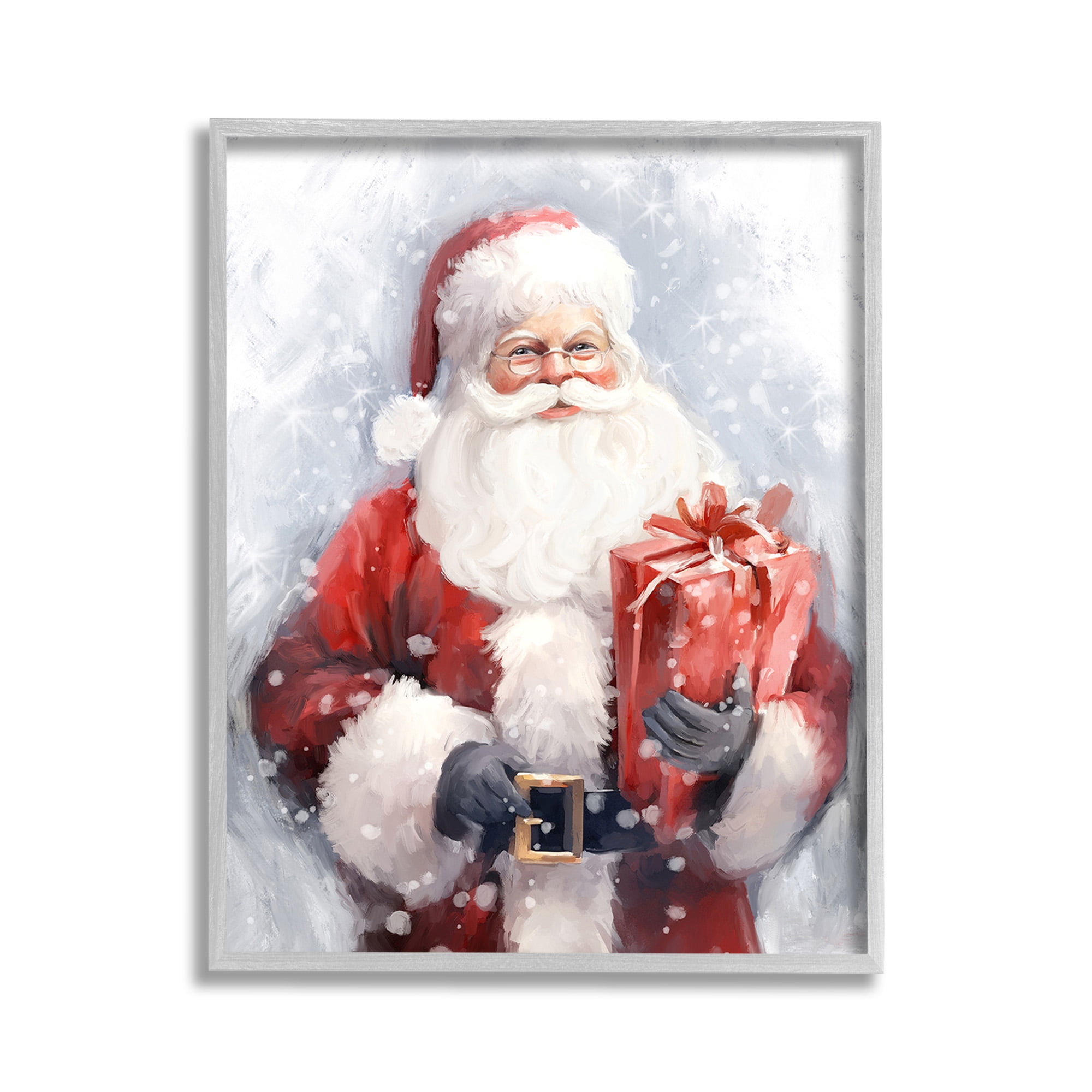 Stupell Industries Santa with Red Gift Holiday Painting Gray Framed Art Print Wall Art, 11 x 14