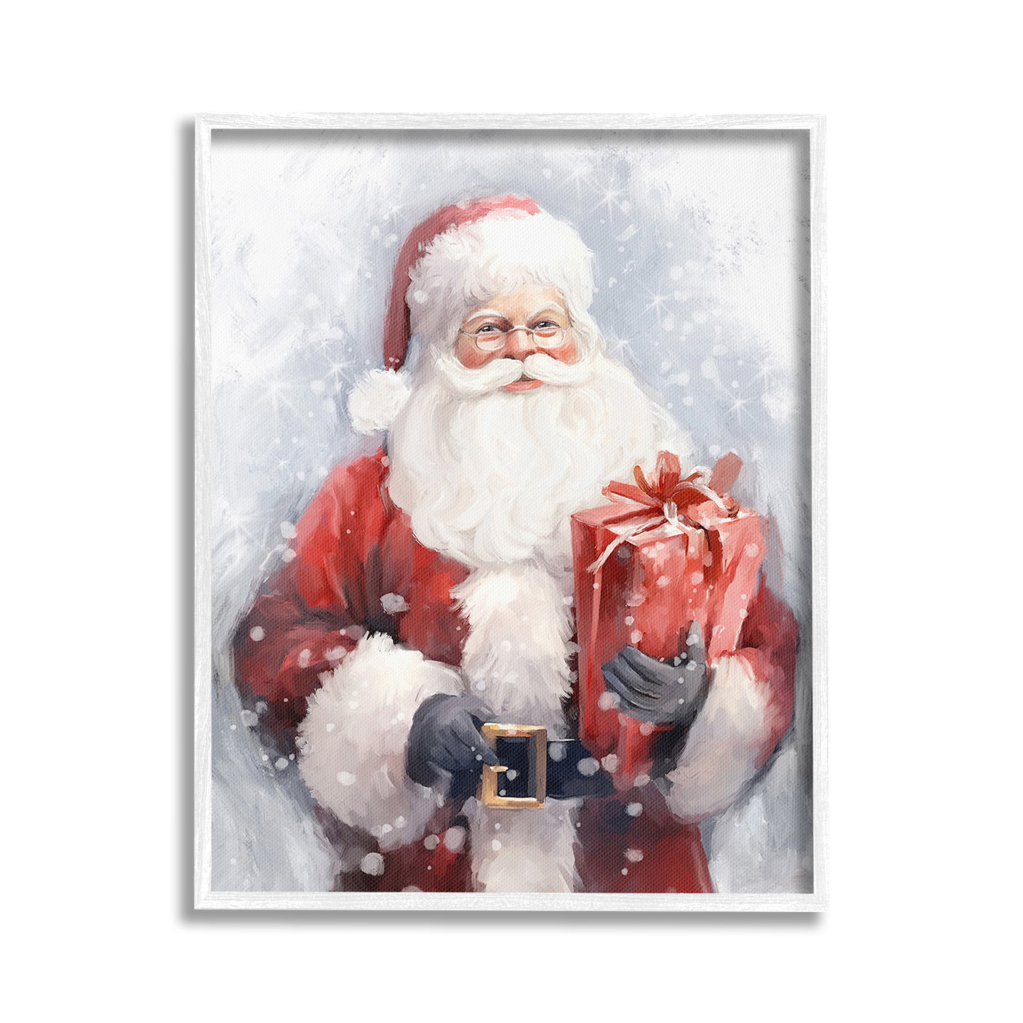 Stupell Industries Santa with Red Gift Holiday Painting White Framed Art Print Wall Art, 16 x 20