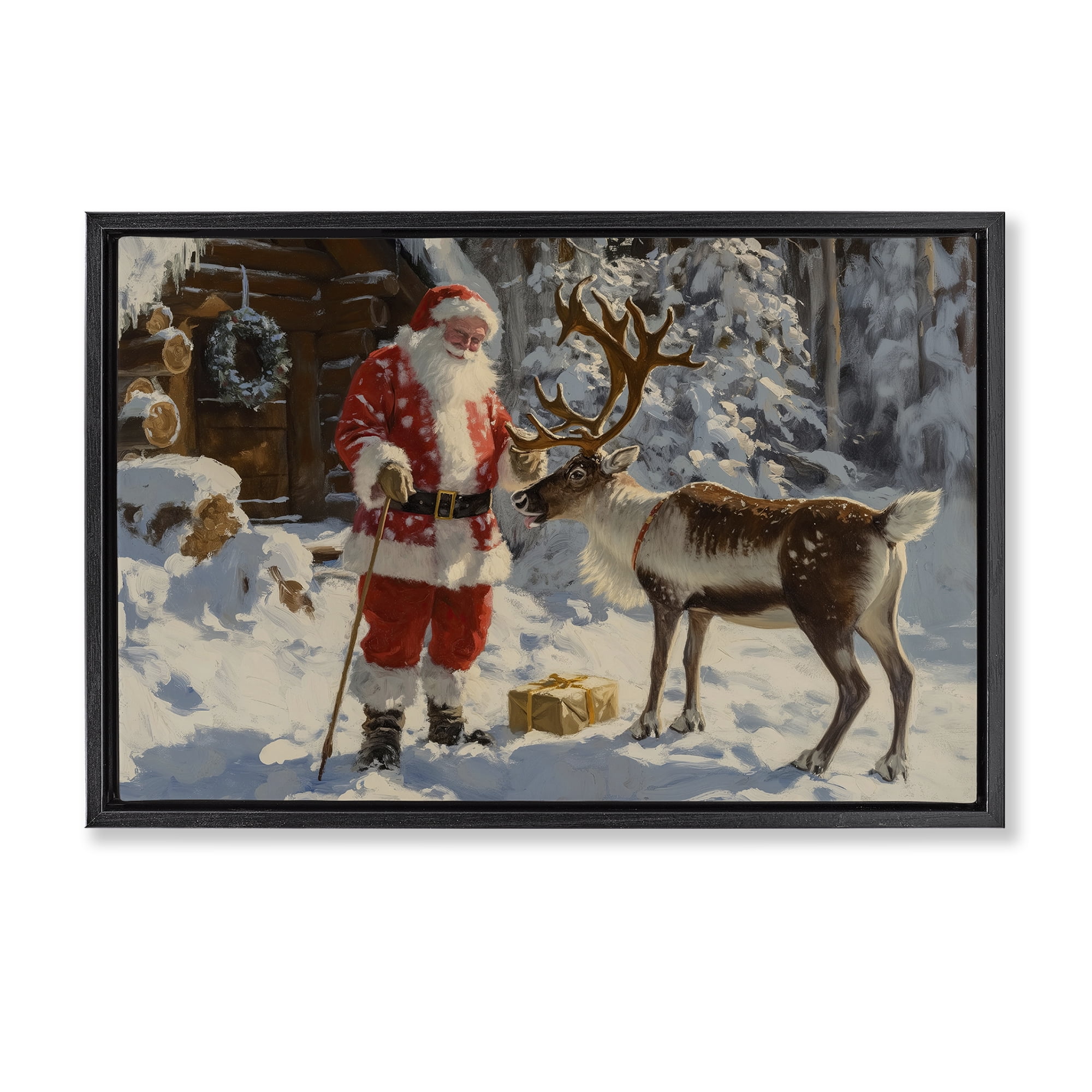 Stupell Industries Santa with Reindeer Scene Holiday Painting Black Floater Framed Canvas Art Prints Wall Art, 31 x 21