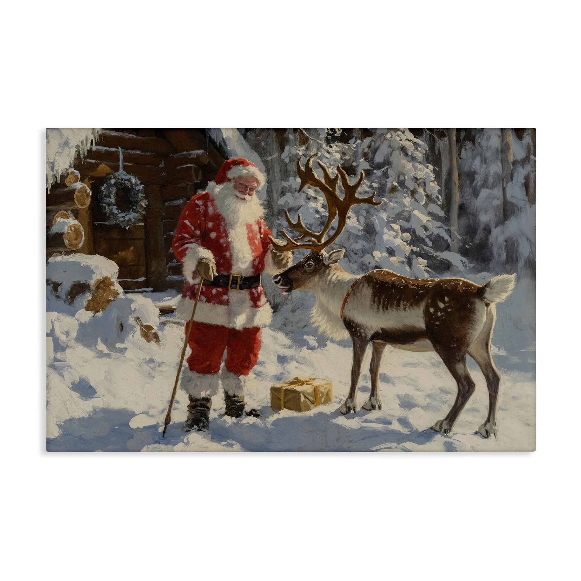 Stupell Industries Santa with Reindeer Scene Holiday Painting Gallery Wrapped Canvas Art Prints Wall Art, 45 x 30