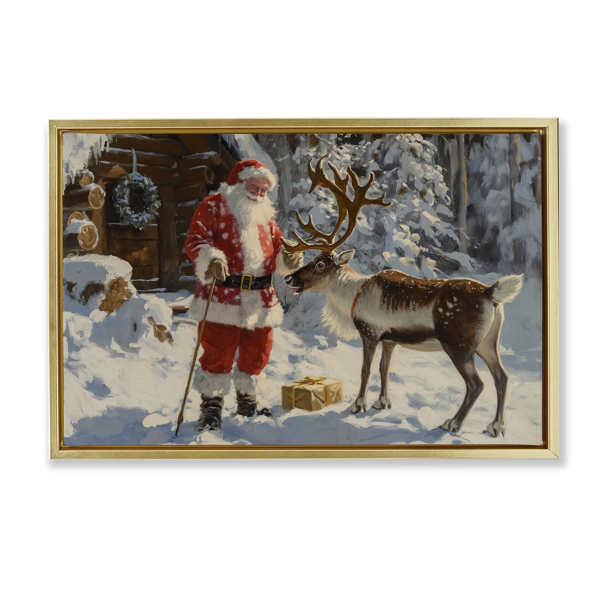 Stupell Industries Santa with Reindeer Scene Holiday Painting Gold Floater Framed Canvas Art Prints Wall Art, 25 x 17