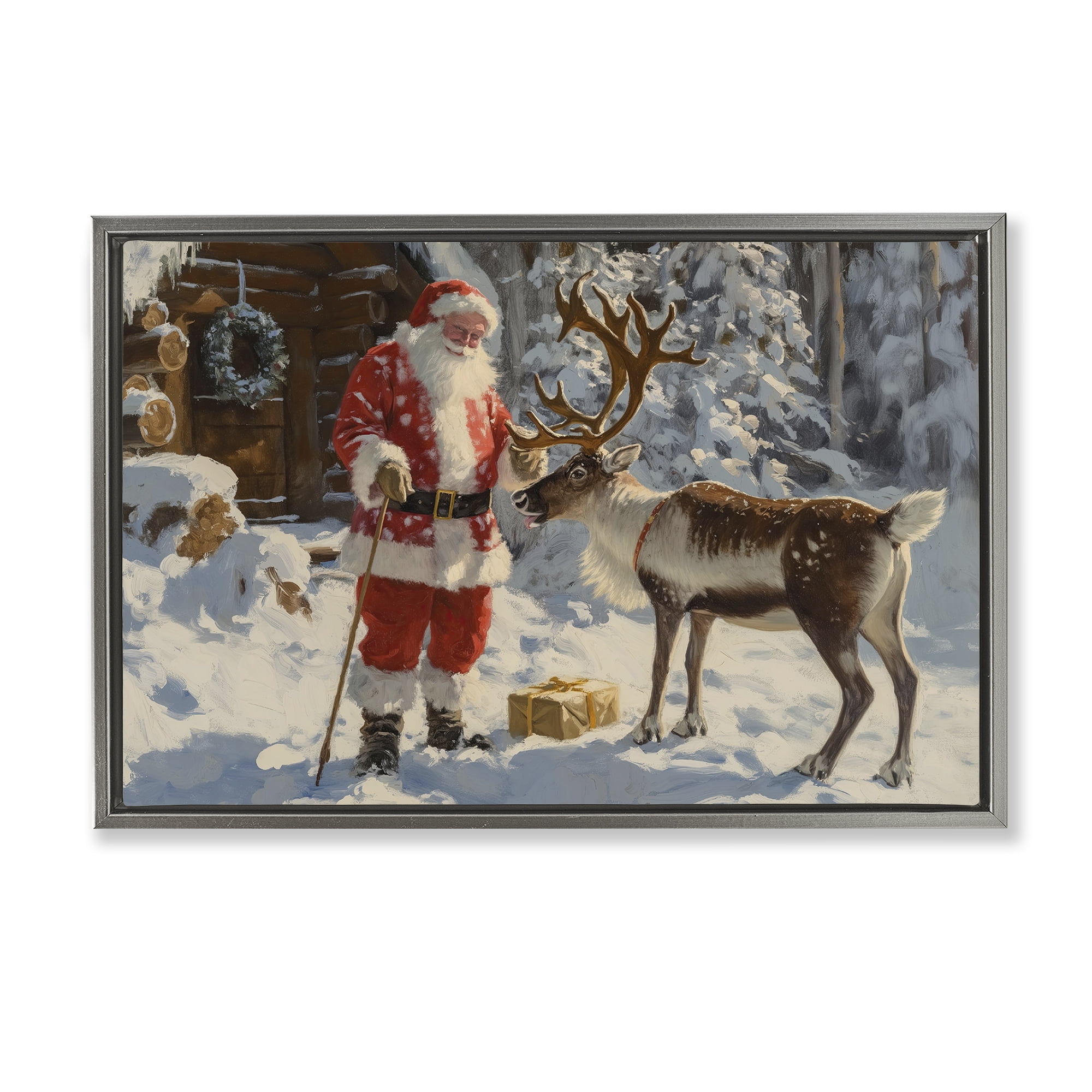 Stupell Industries Santa with Reindeer Scene Holiday Painting Gray Floater Framed Canvas Art Prints Wall Art, 31 x 21