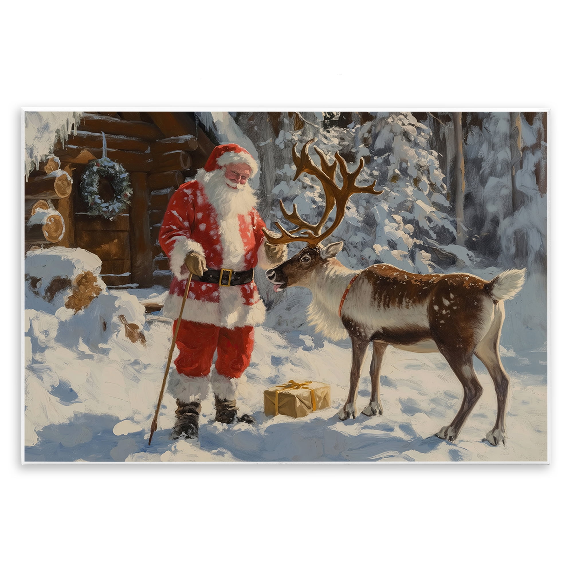 Stupell Industries Santa with Reindeer Scene Holiday Painting Unframed Art Prints Wall Art, 19 x 13