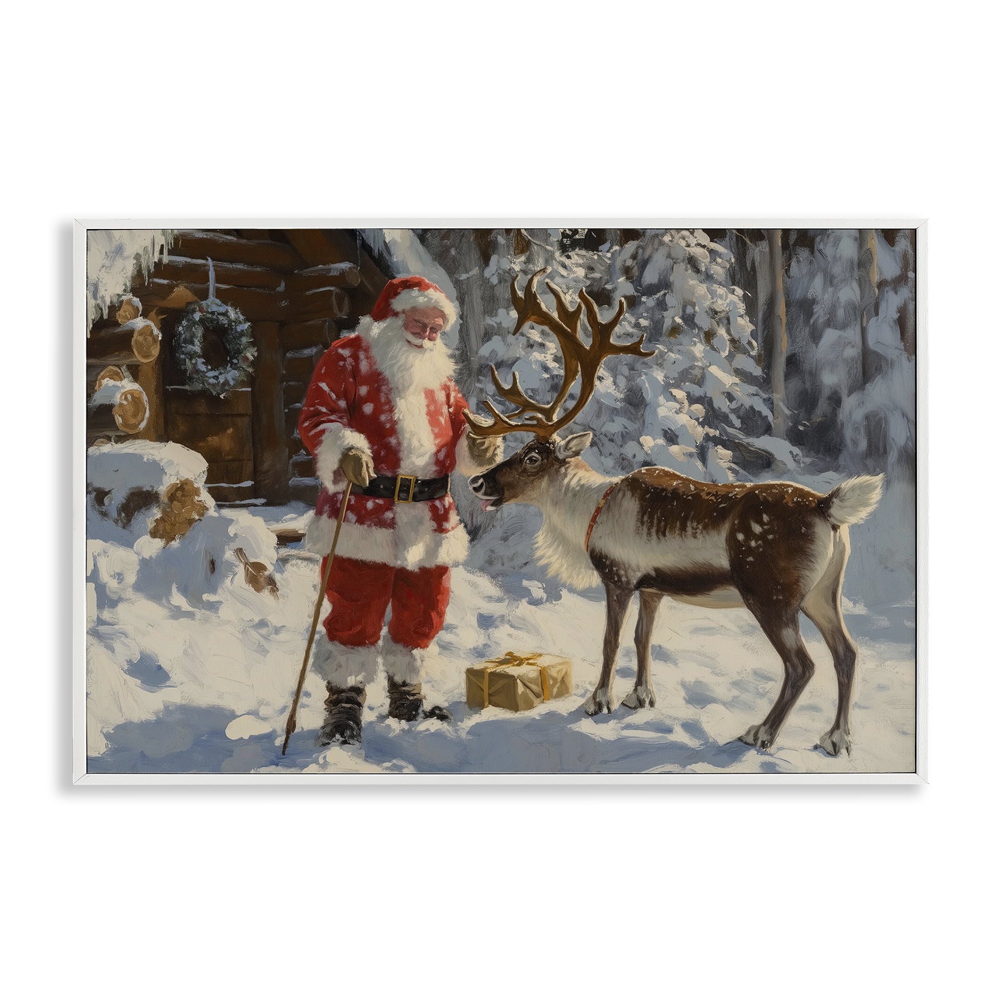 Stupell Industries Santa with Reindeer Scene Holiday Painting White Framed Art Prints Wall Art, 18 x 12