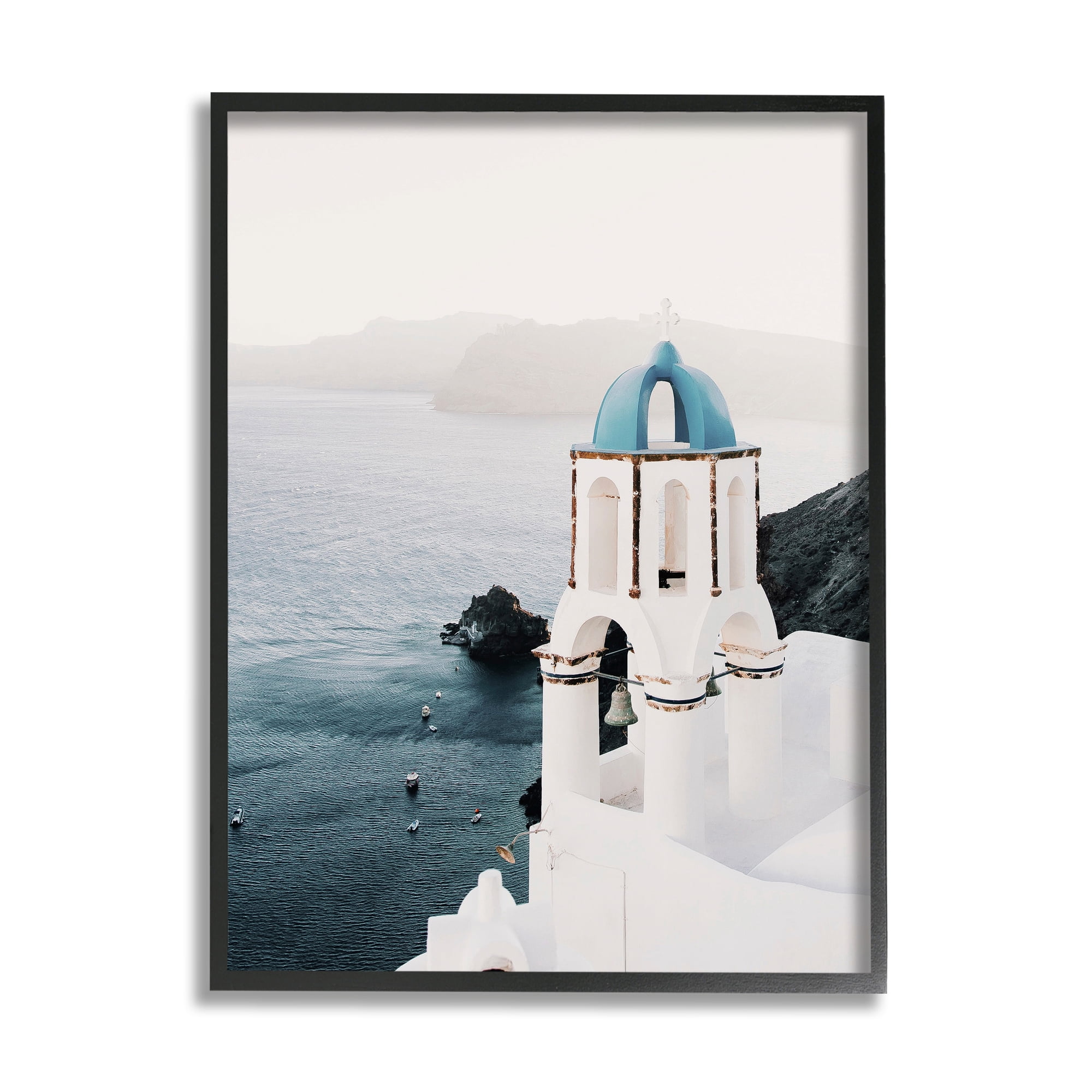 Stupell Industries Santorini Bell Tower Landscape Photography Black Framed Art Print Wall Art, 11 x 14
